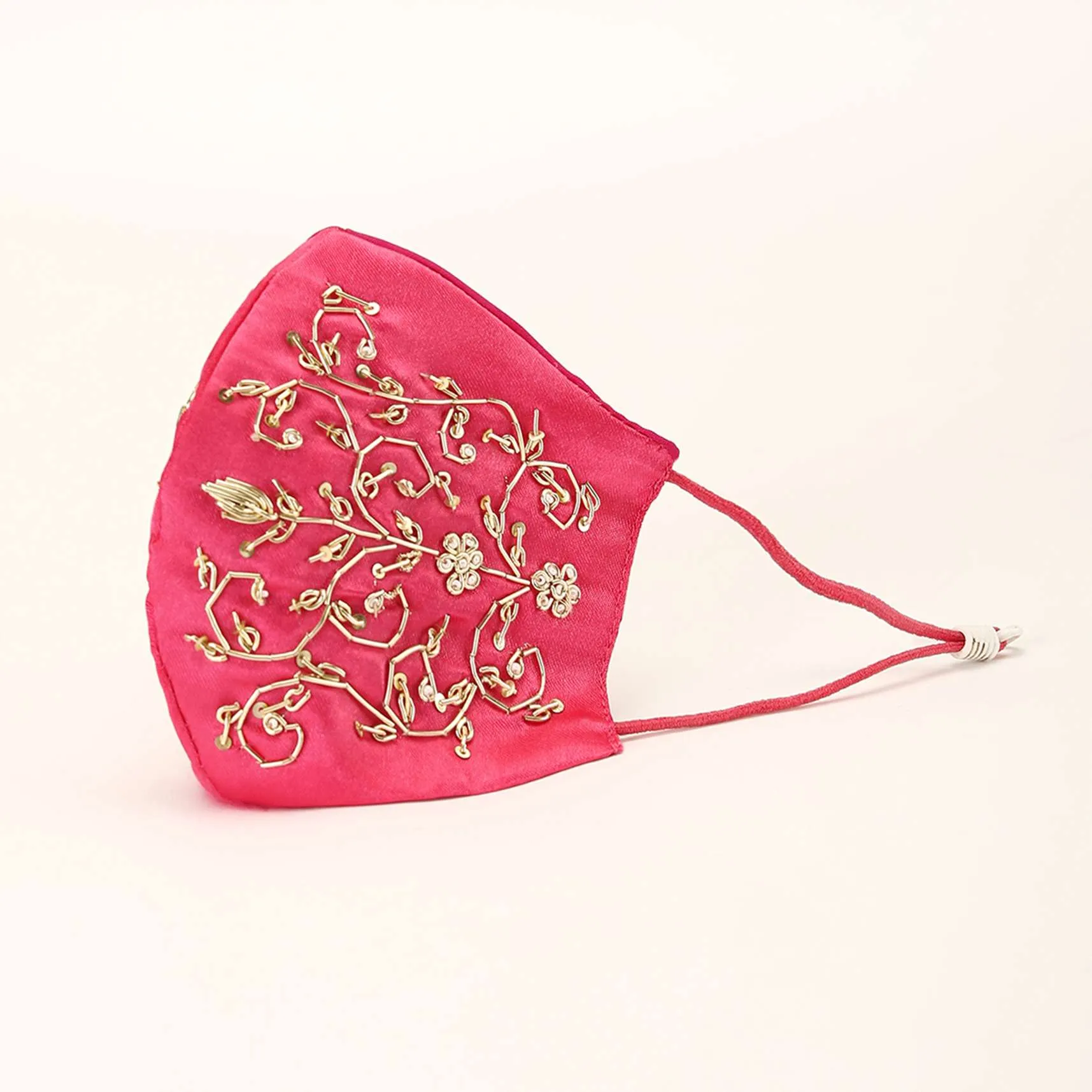 Fuchsia Pink Mask In Satin Silk With Moti And Zardosi Embroidered Design All Over
