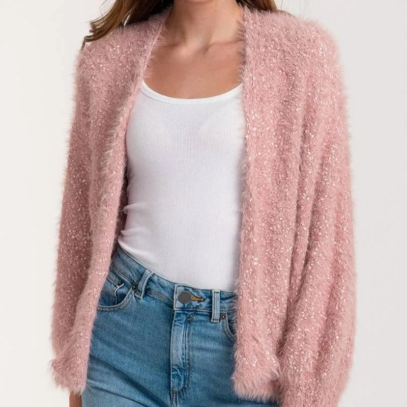 Fuzzy Lurex Knit Pink Cardigan