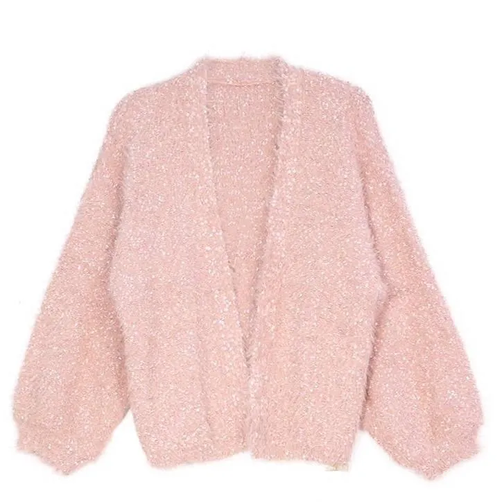 Fuzzy Lurex Knit Pink Cardigan