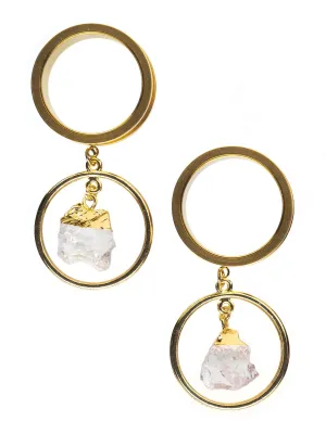 Gold Clear Quartz Hoop Dangle Internally Threaded Steel Tunnels