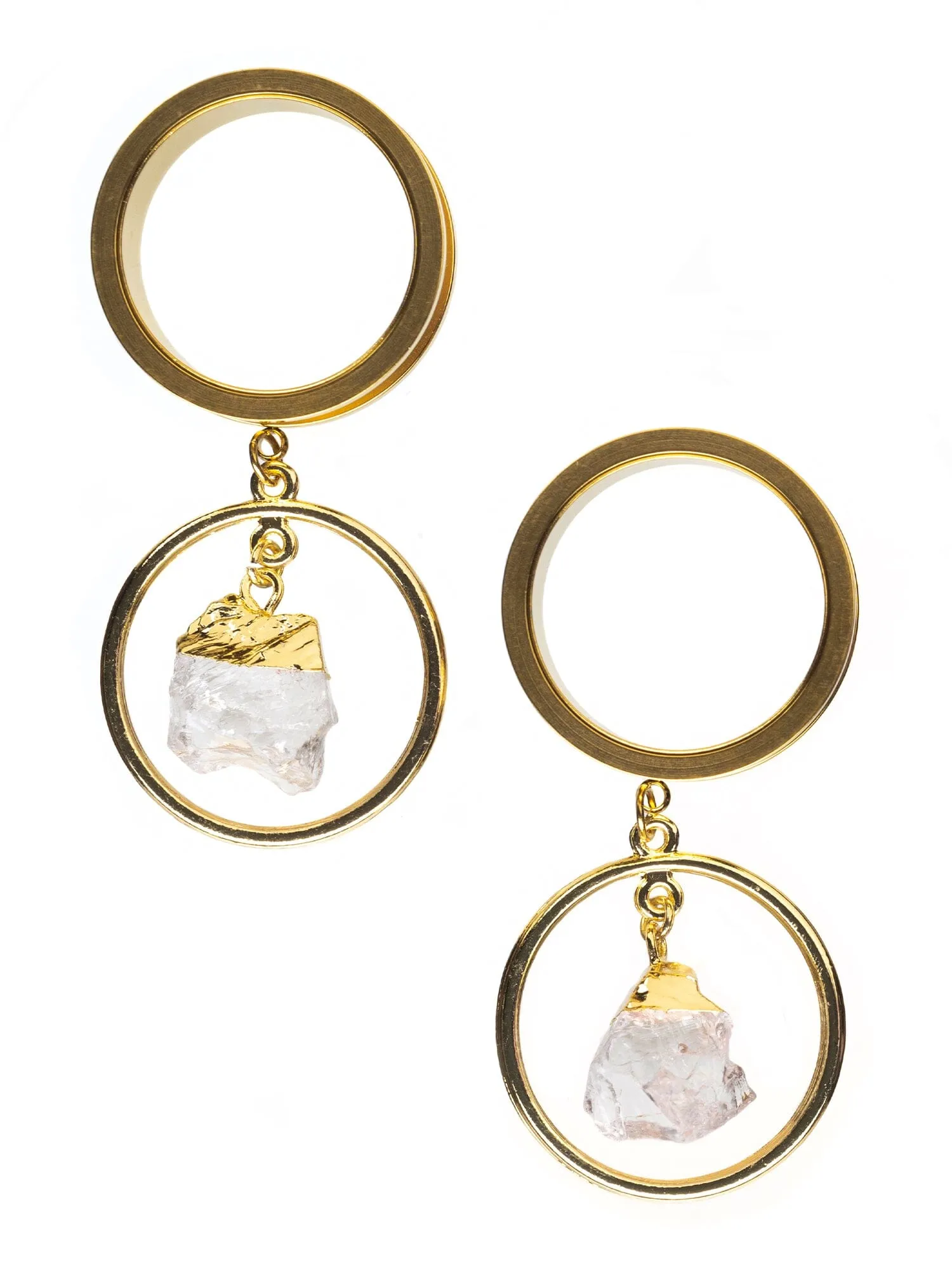 Gold Clear Quartz Hoop Dangle Internally Threaded Steel Tunnels