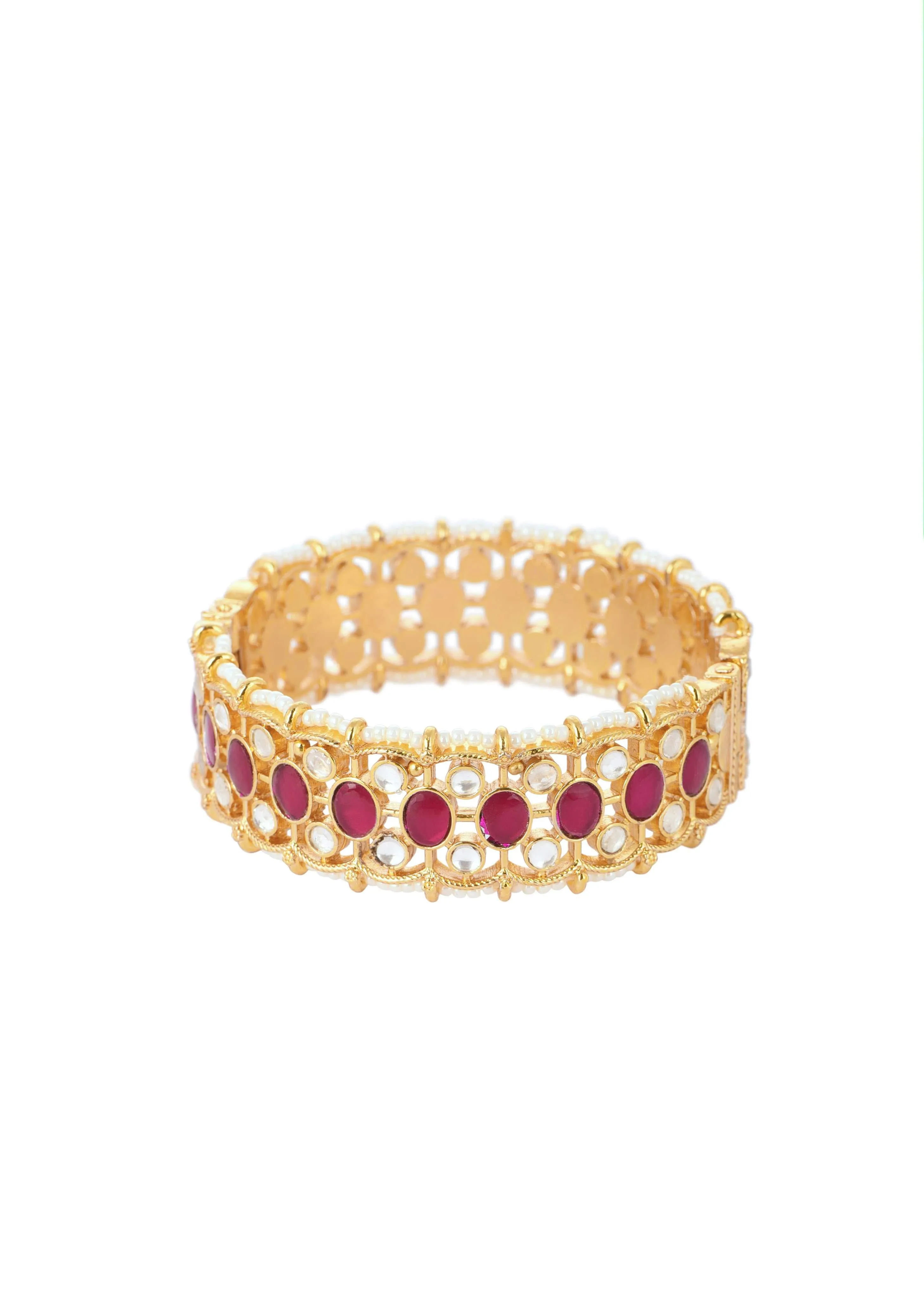 Gold Finish Bangles Embedded With Pearls And Red Meenakari Work (Set of 2)