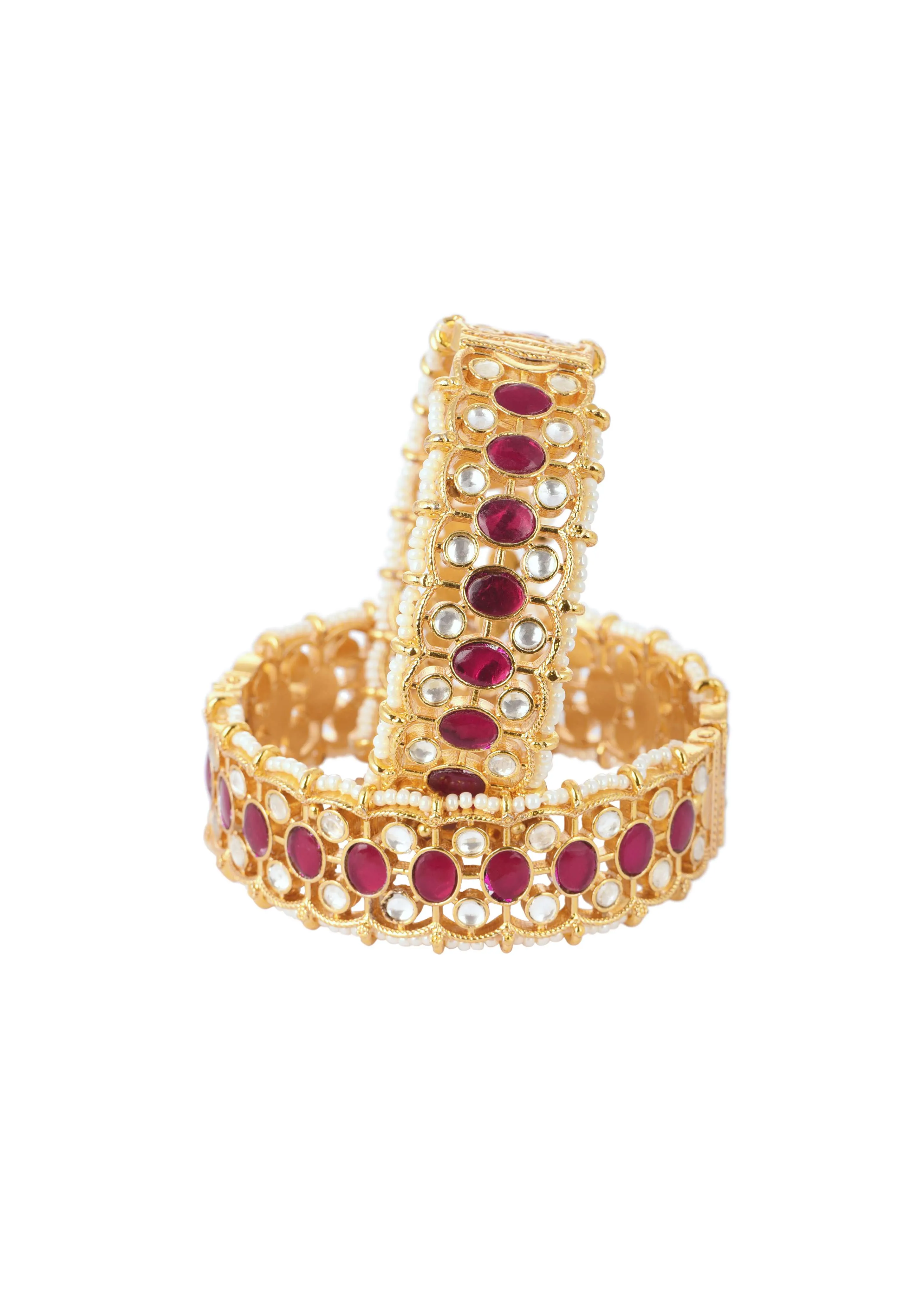 Gold Finish Bangles Embedded With Pearls And Red Meenakari Work (Set of 2)