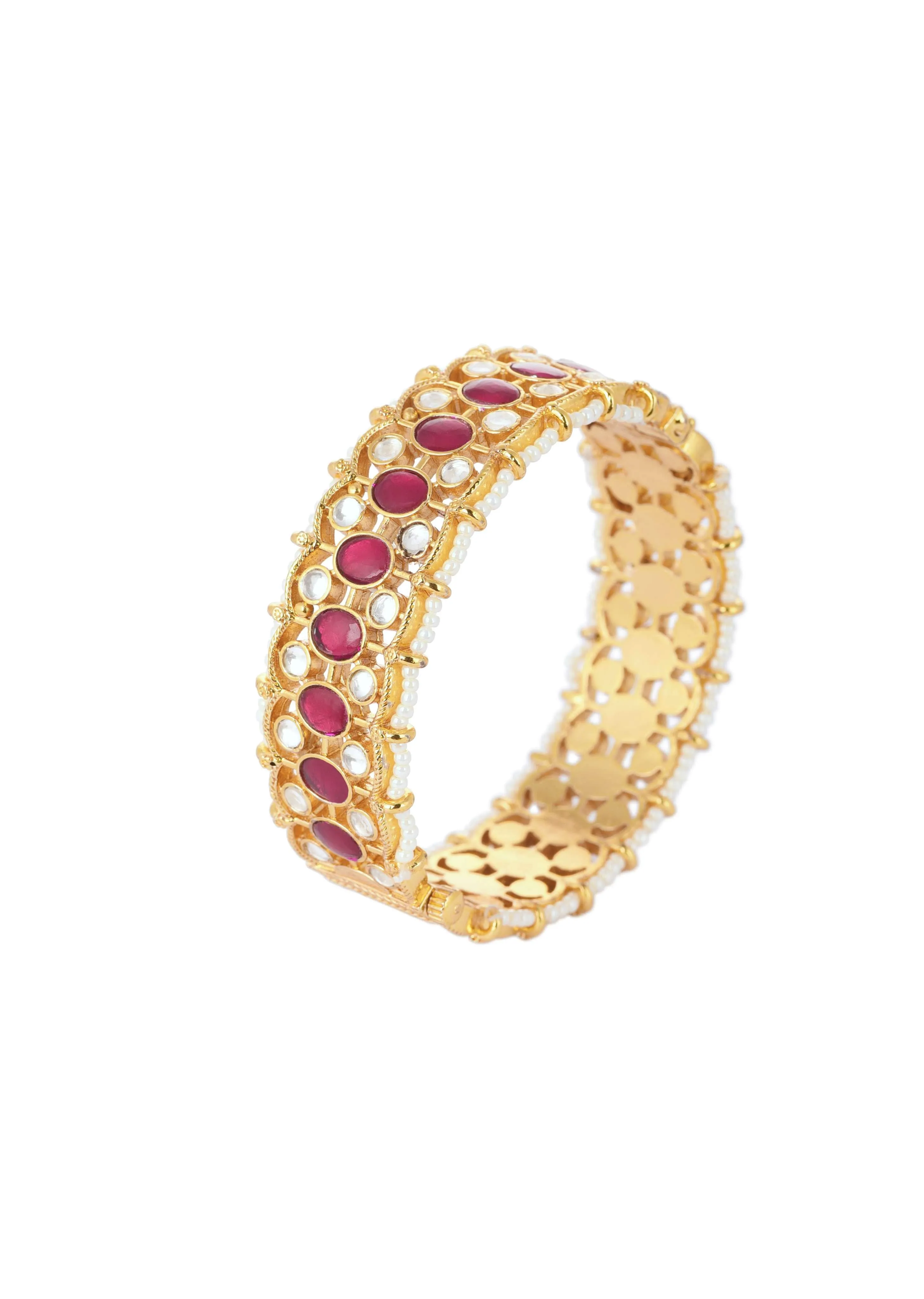 Gold Finish Bangles Embedded With Pearls And Red Meenakari Work (Set of 2)