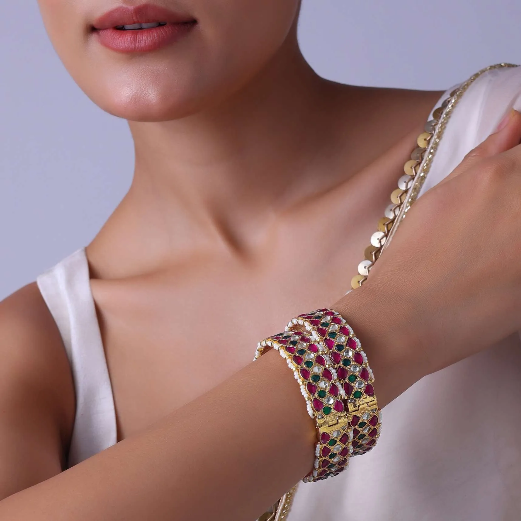 Gold Finish Bangles With Pearls And Meenakari Work (Set of 2)