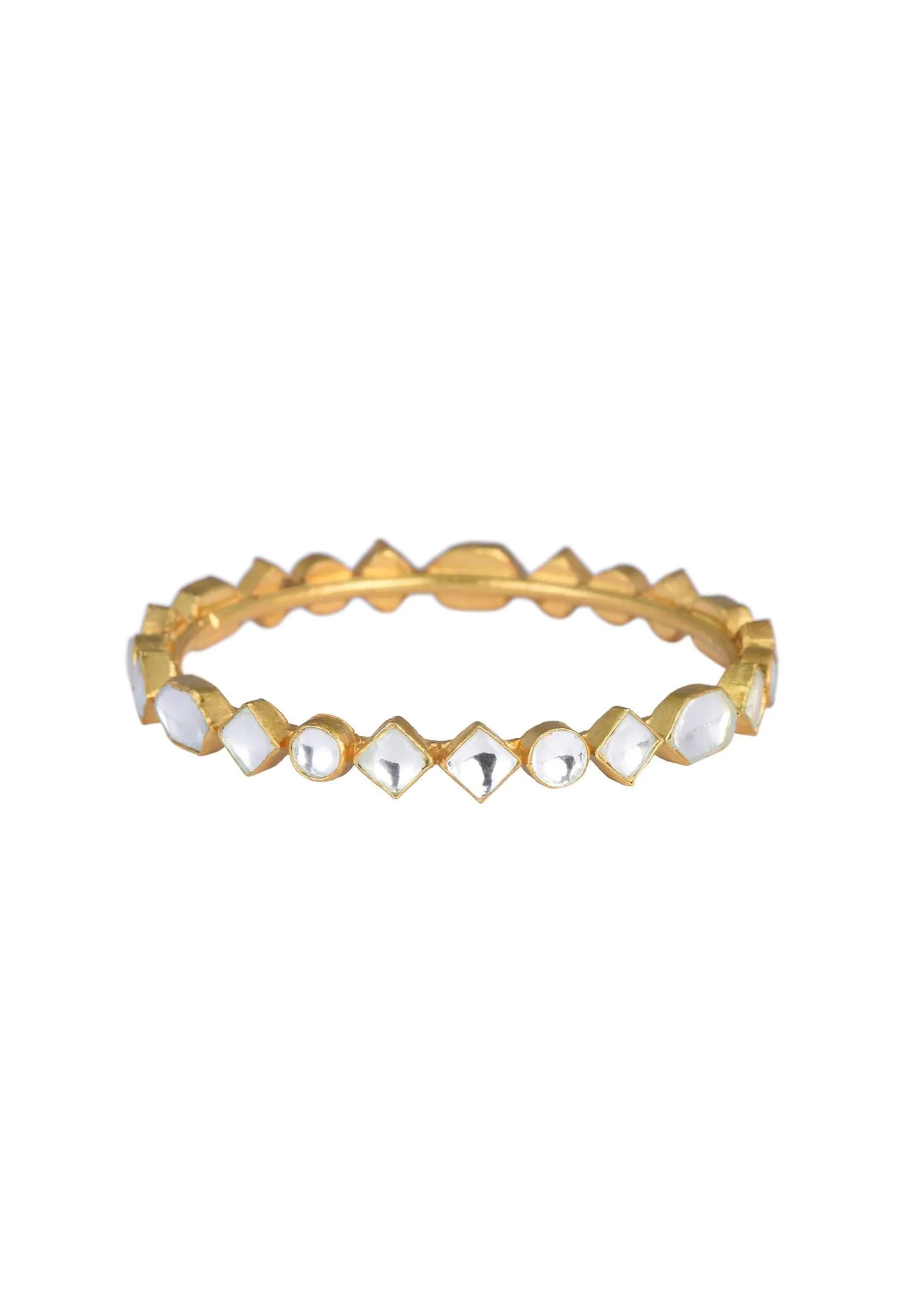 Gold Finish Dainty Bangle With Studded Kundan And Geometric Motifs Set of 2