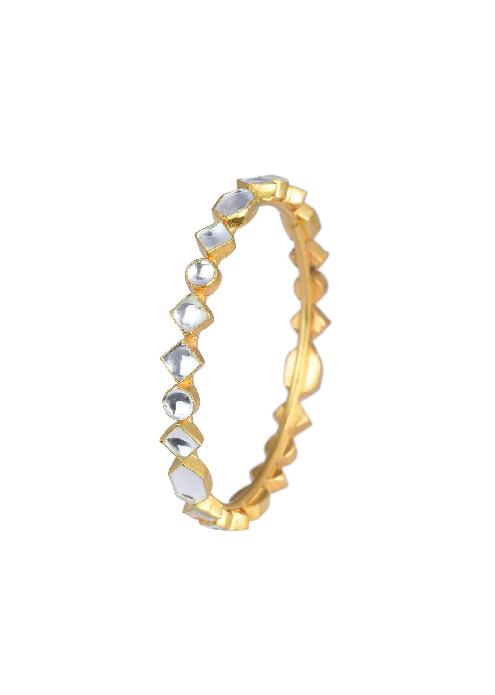 Gold Finish Dainty Bangle With Studded Kundan And Geometric Motifs Set of 2