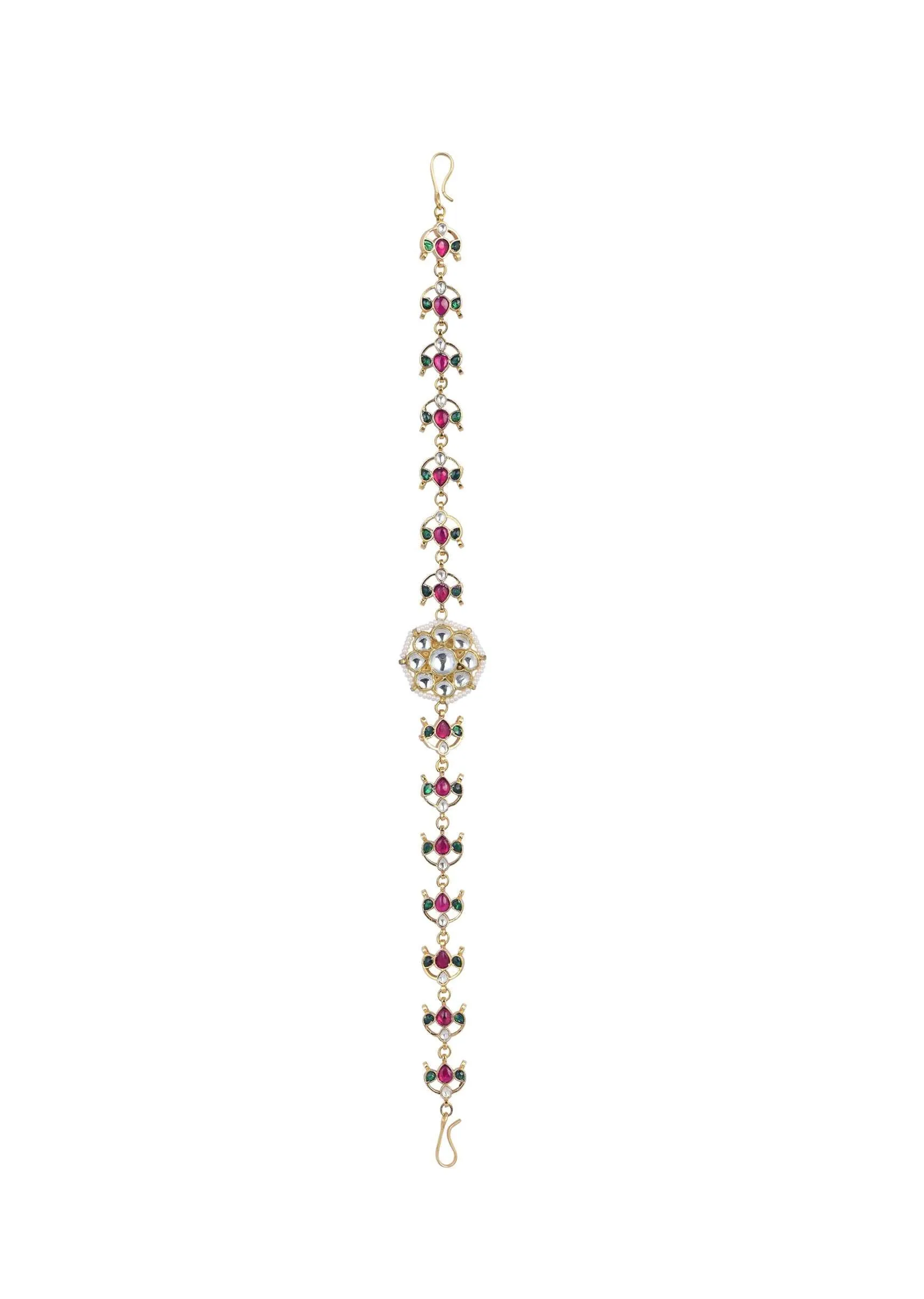 Gold Finish Kundan Mathapatti With Multicolor Floral Motif Stones