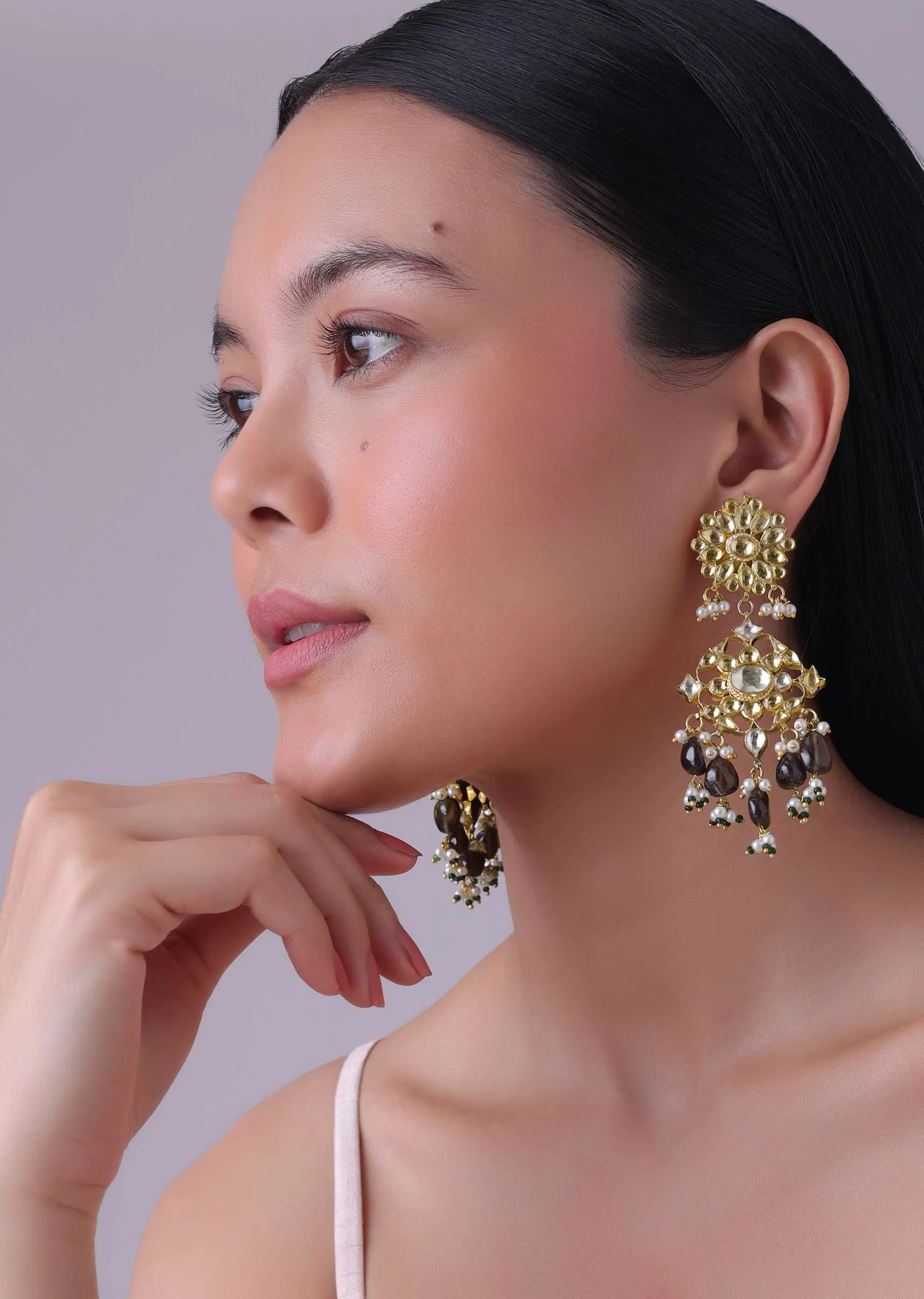 Gold Finish Kundan Polki Black Necklace Set With Beads, Stones, And Pearls
