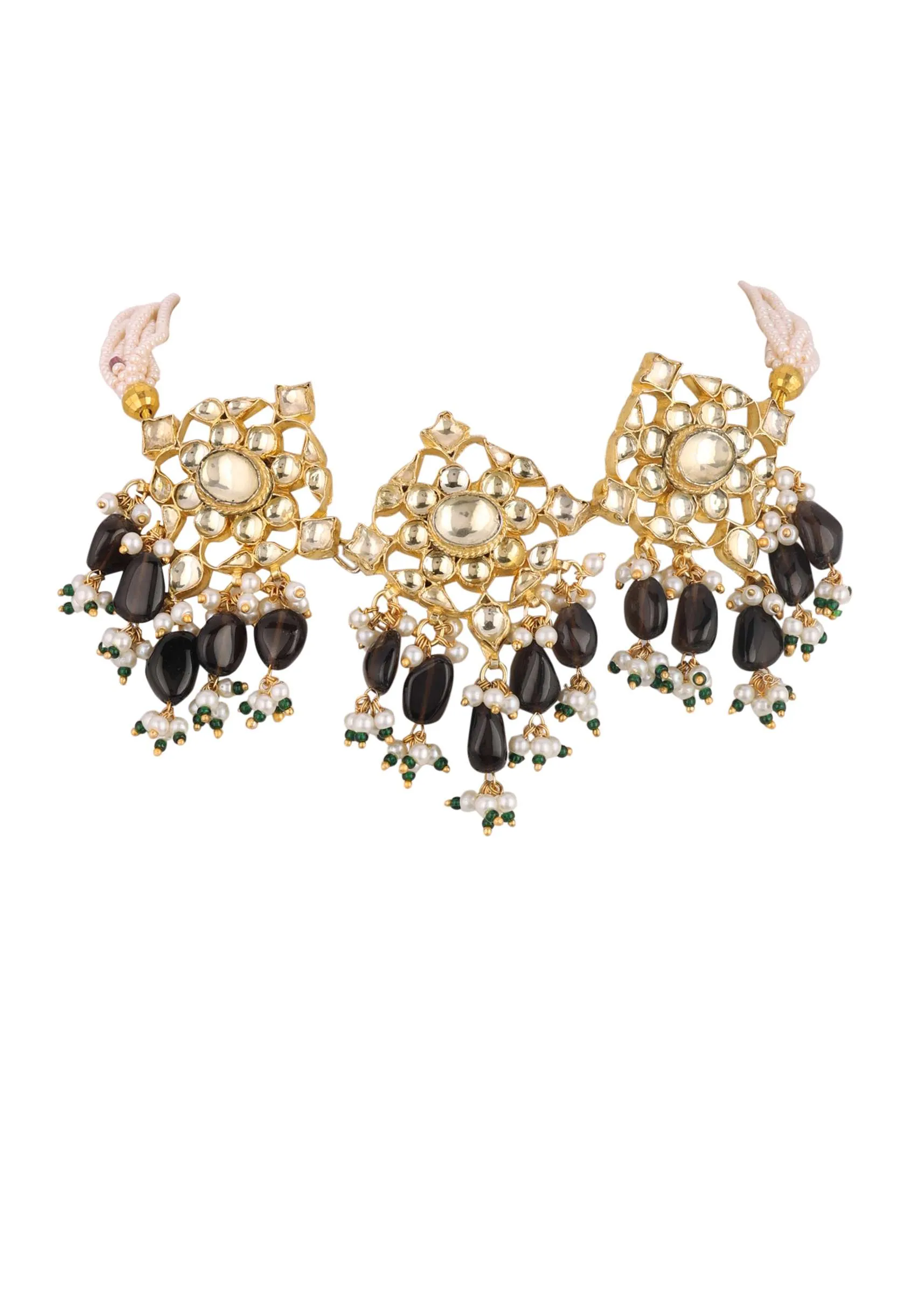 Gold Finish Kundan Polki Black Necklace Set With Beads, Stones, And Pearls