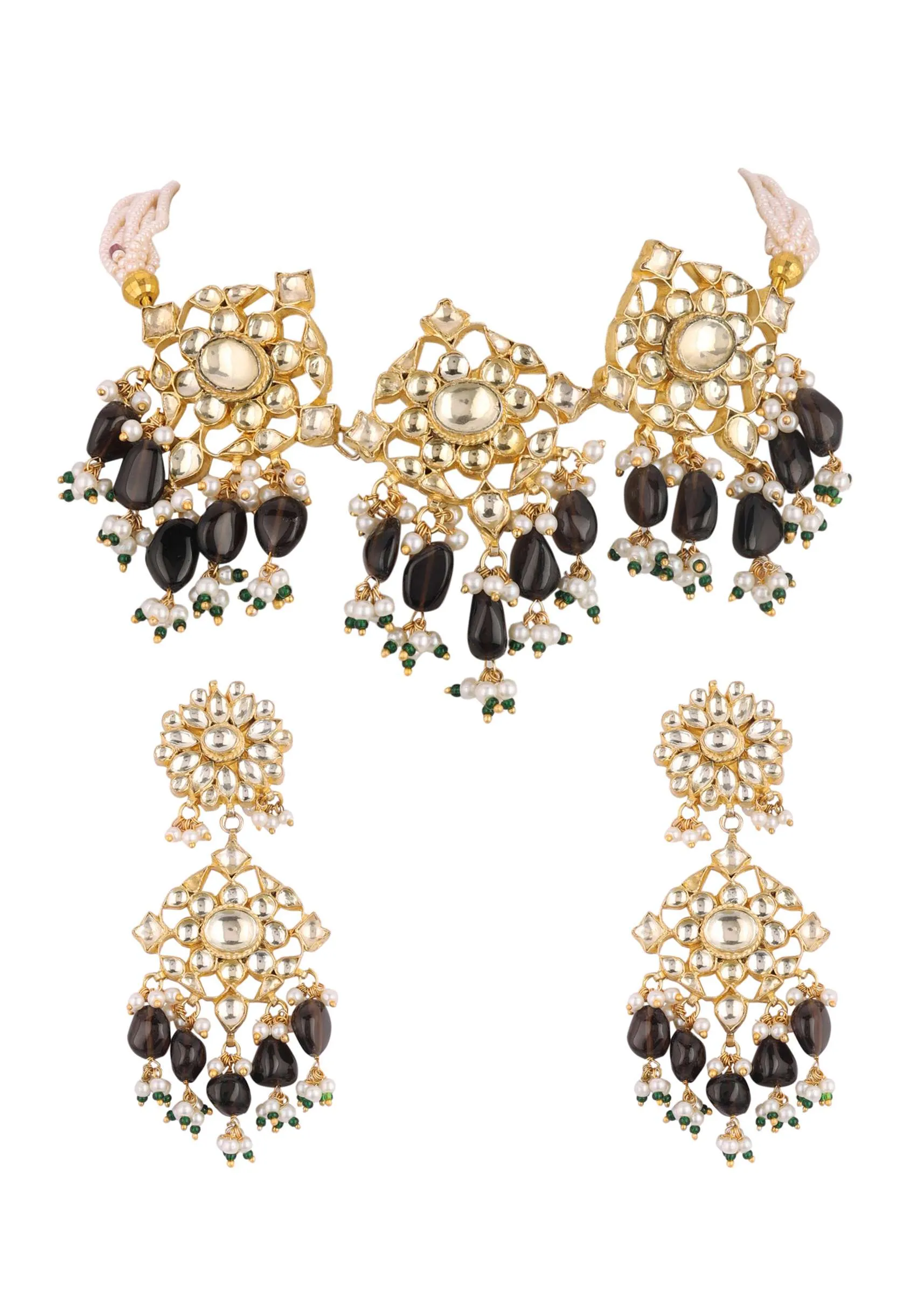 Gold Finish Kundan Polki Black Necklace Set With Beads, Stones, And Pearls