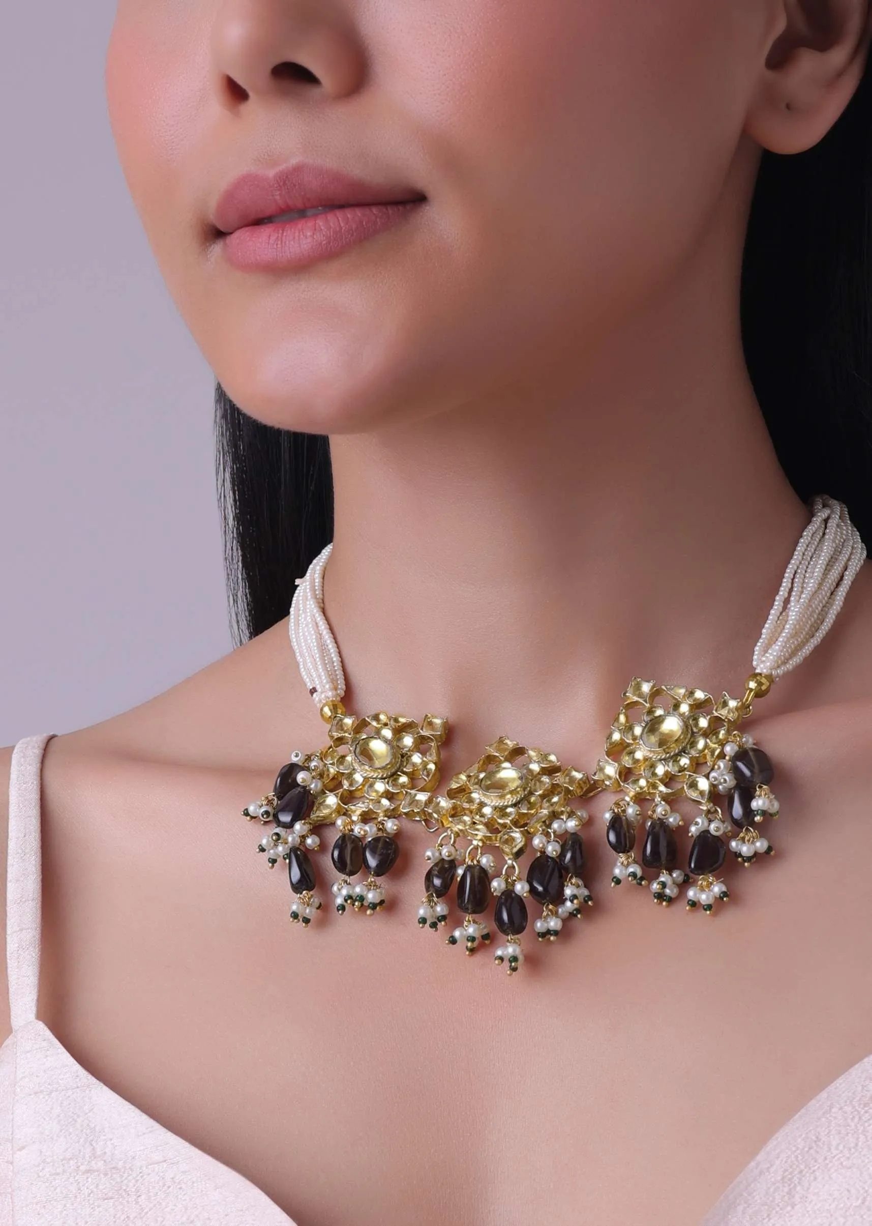 Gold Finish Kundan Polki Black Necklace Set With Beads, Stones, And Pearls