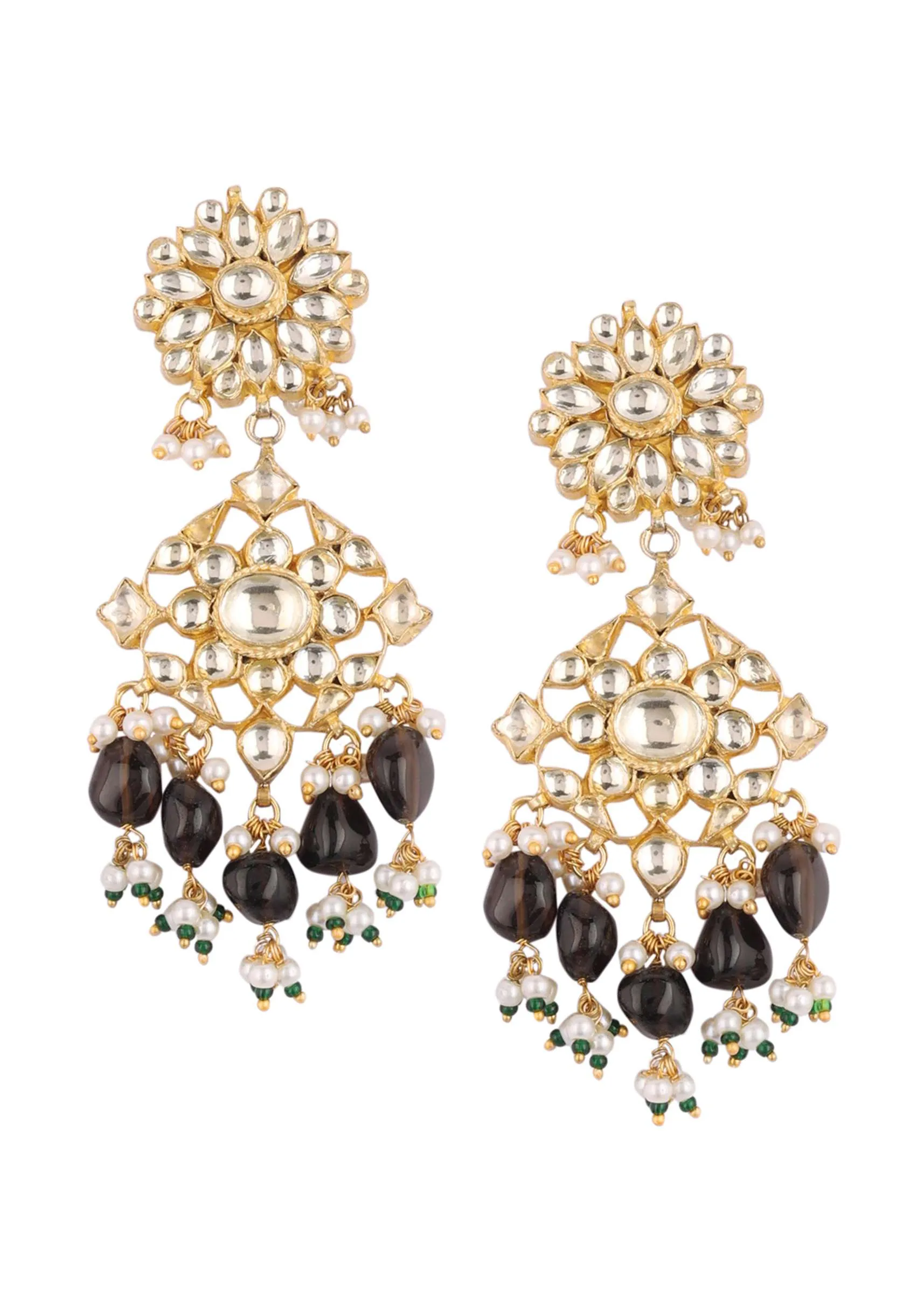 Gold Finish Kundan Polki Black Necklace Set With Beads, Stones, And Pearls