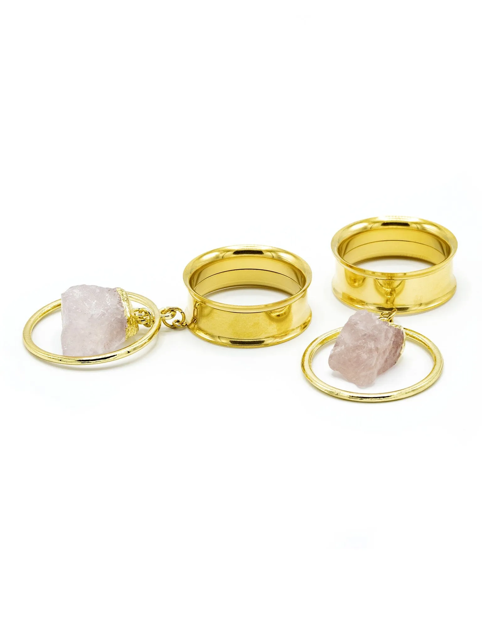 Gold Rose Quartz Hoop Dangle Internally Threaded Steel Tunnels