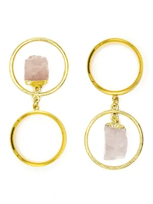 Gold Rose Quartz Hoop Dangle Internally Threaded Steel Tunnels