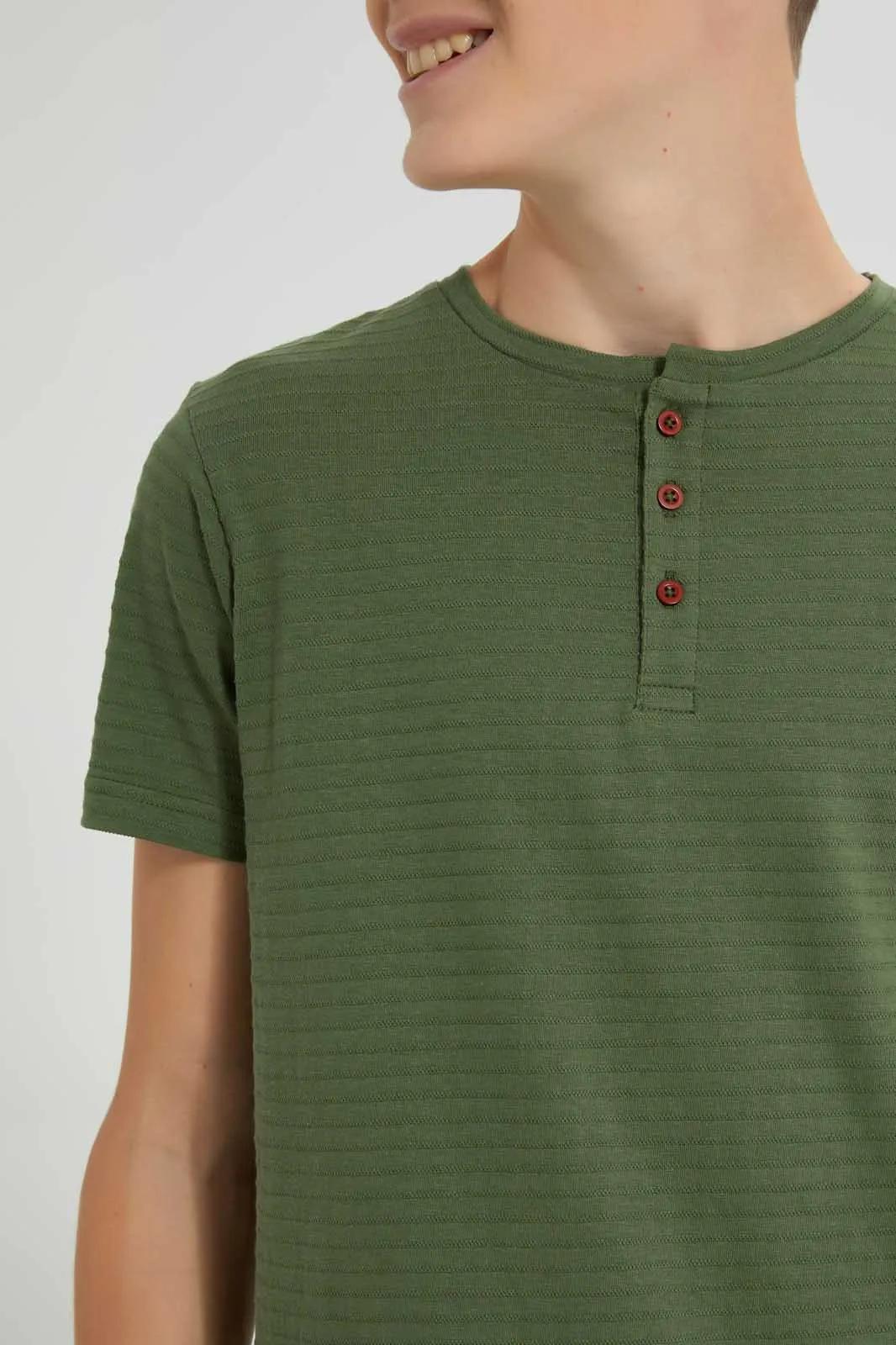 Green Textured Henley T-Shirt