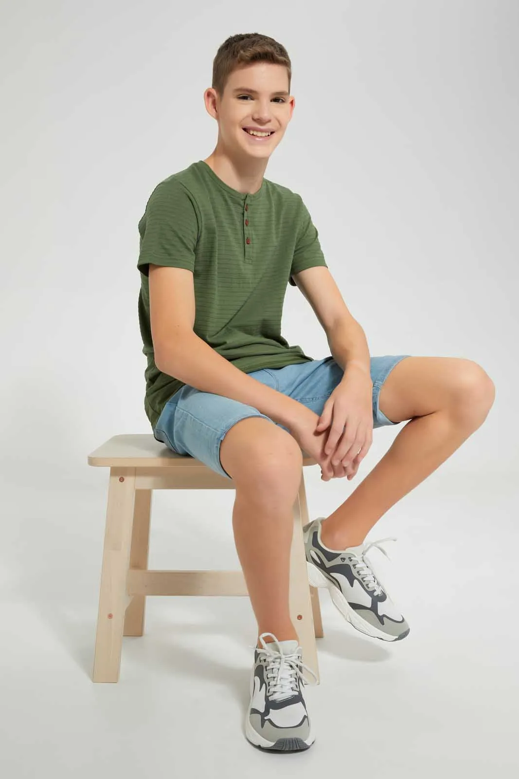 Green Textured Henley T-Shirt