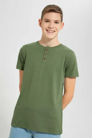 Green Textured Henley T-Shirt