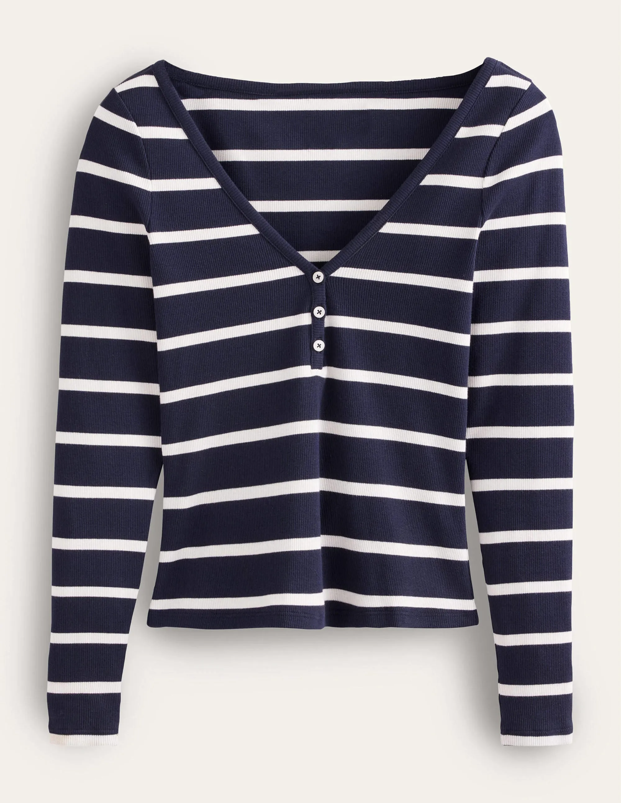 Henley Ribbed Top-Navy, Ivory