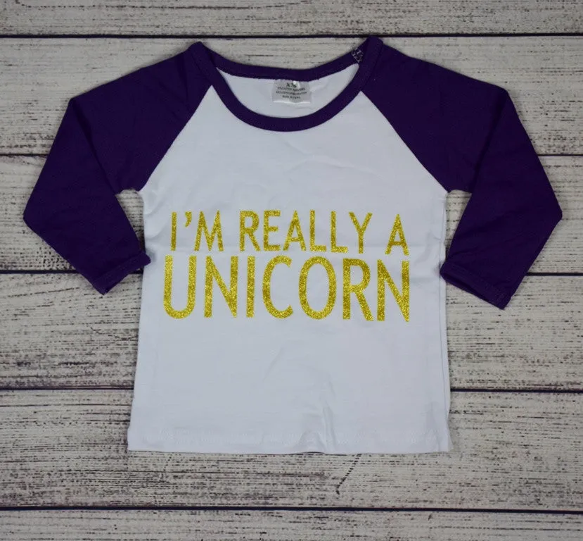 I'm Really a Unicorn Ranglan Top w/Purple Sleeves