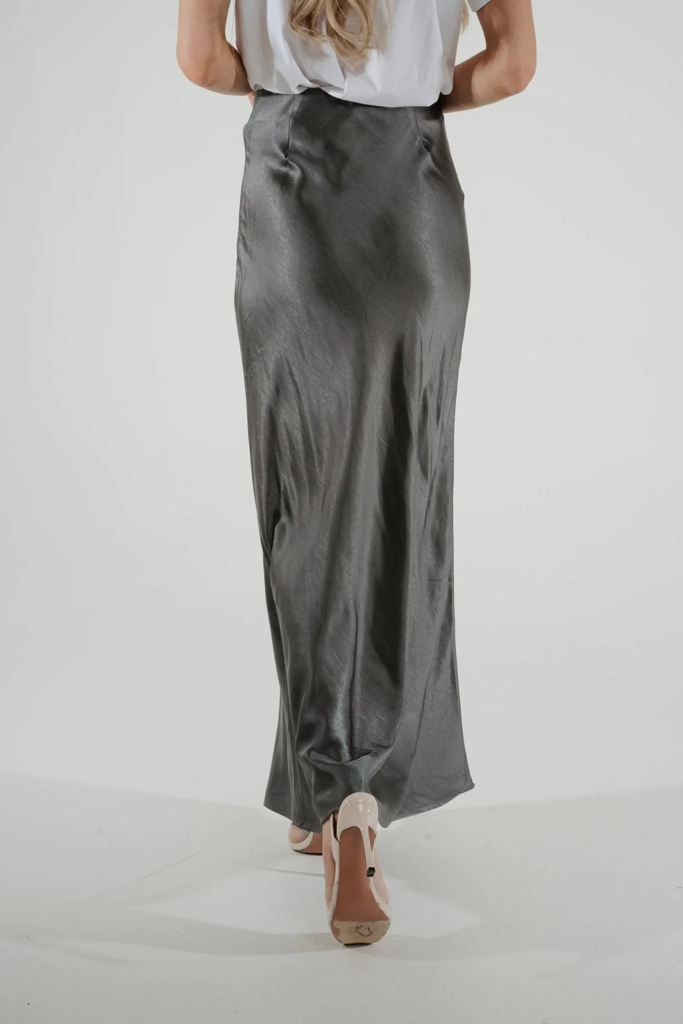 Jane Longline Satin Skirt In Grey