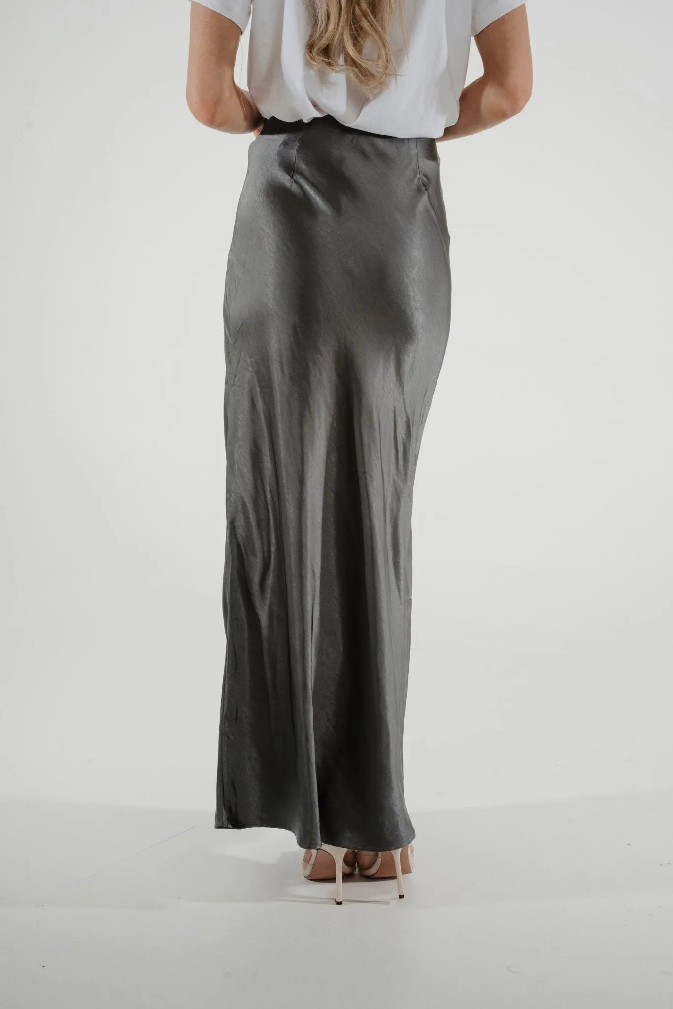Jane Longline Satin Skirt In Grey