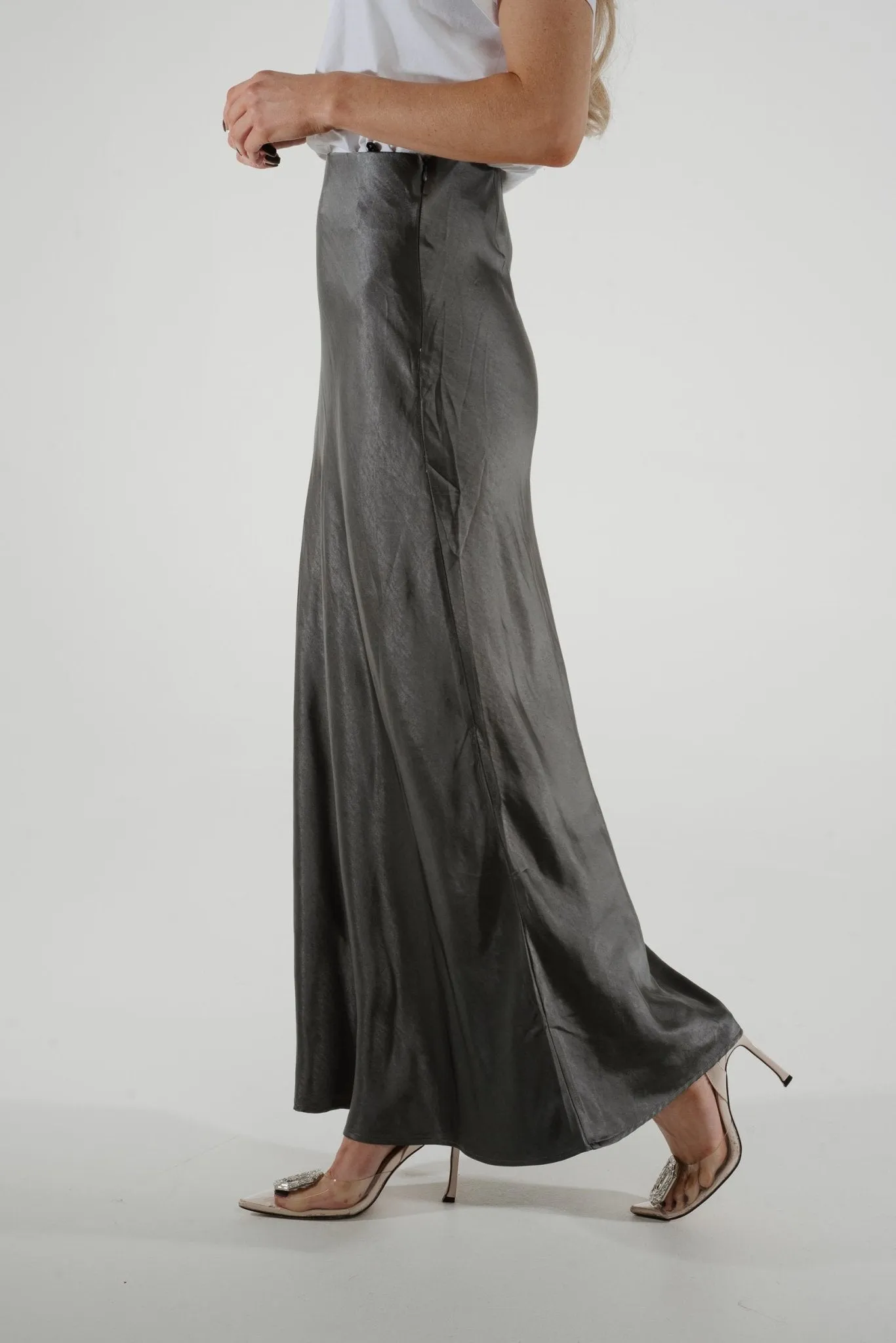 Jane Longline Satin Skirt In Grey
