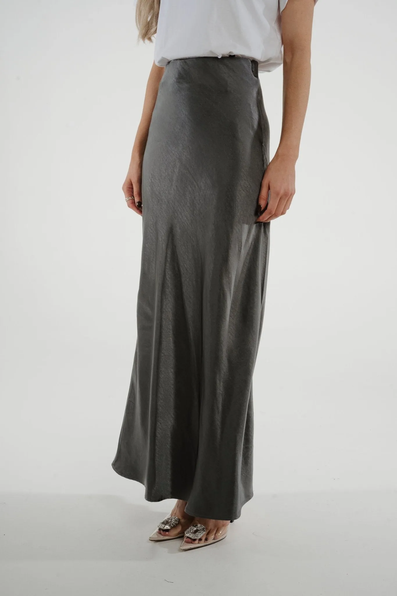 Jane Longline Satin Skirt In Grey