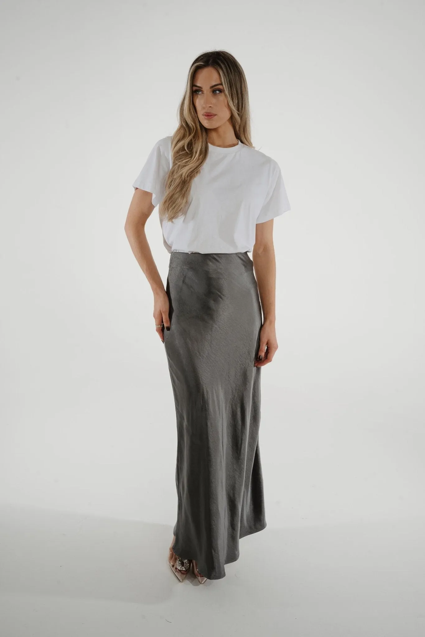 Jane Longline Satin Skirt In Grey