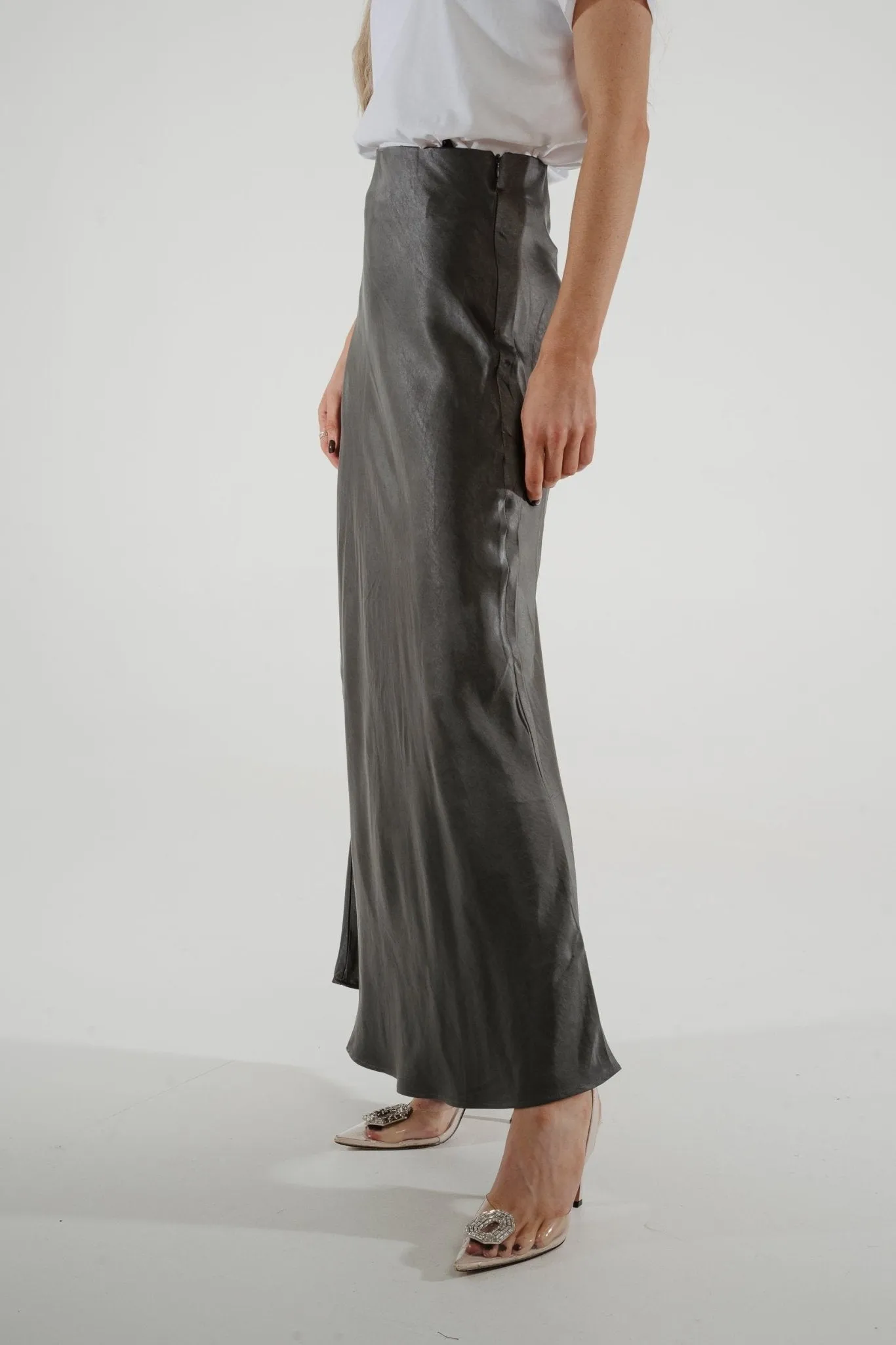 Jane Longline Satin Skirt In Grey