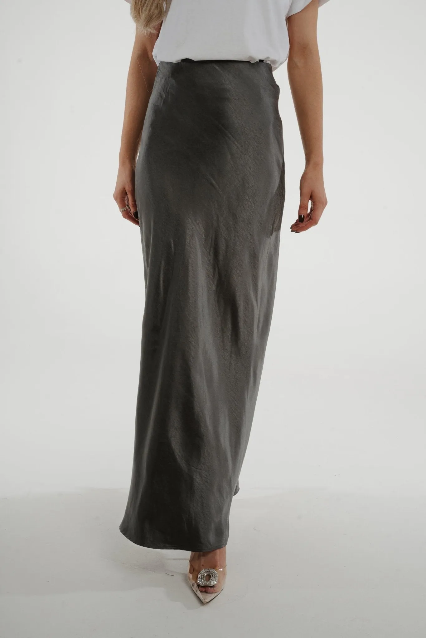 Jane Longline Satin Skirt In Grey