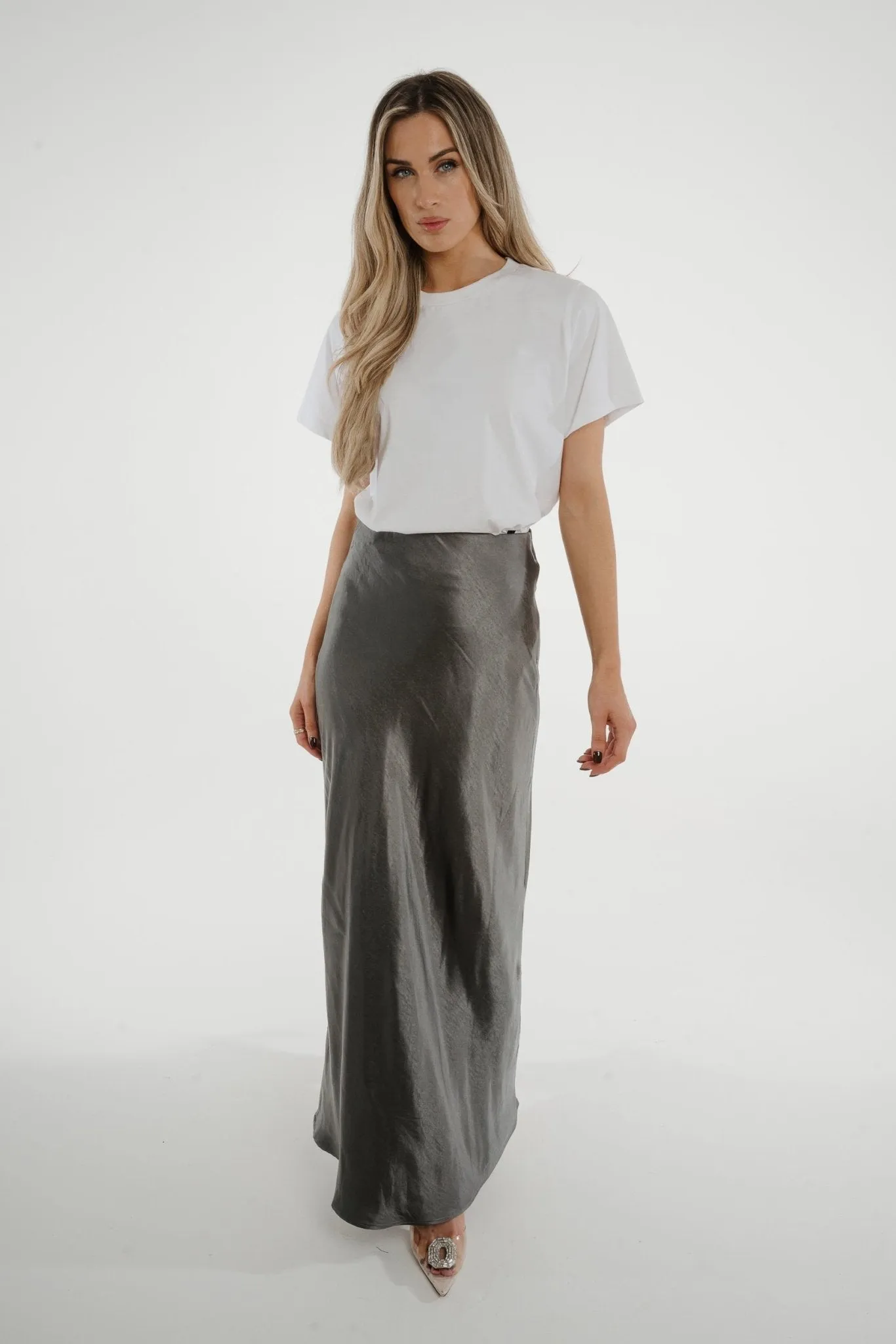 Jane Longline Satin Skirt In Grey