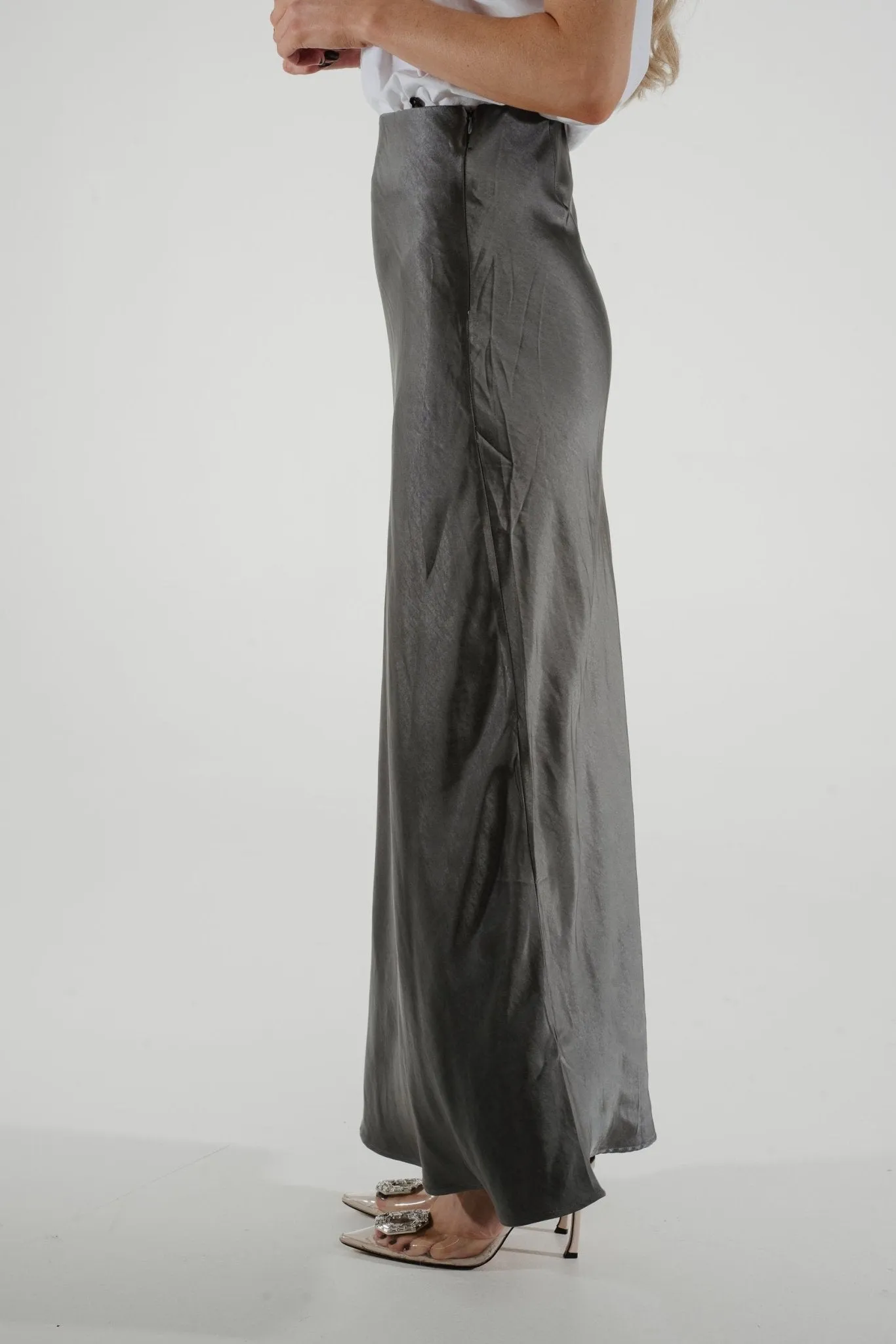 Jane Longline Satin Skirt In Grey