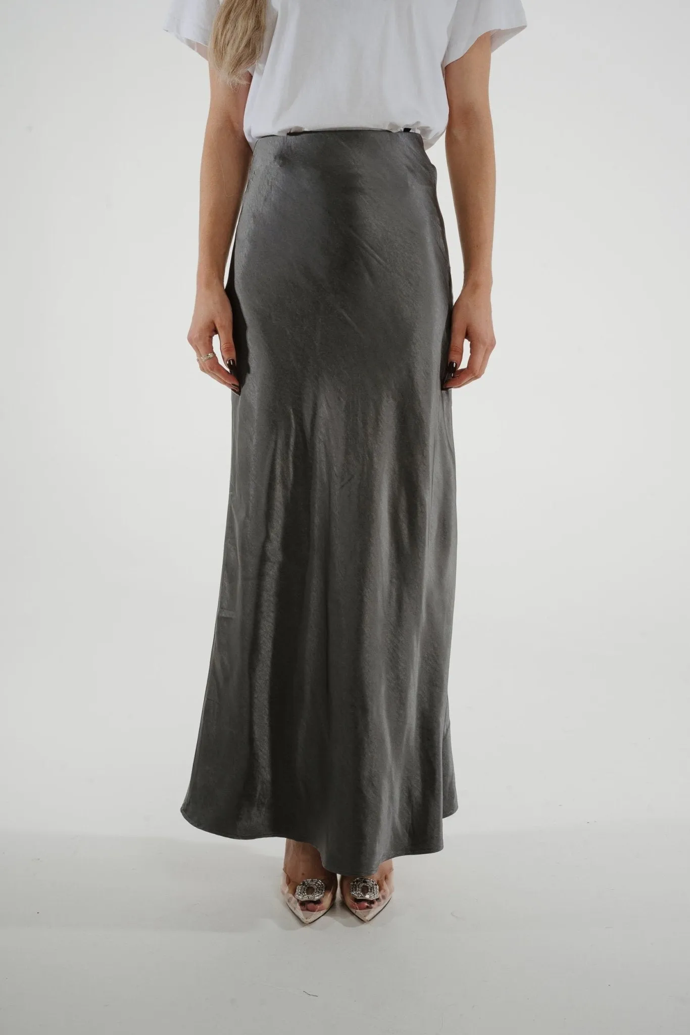 Jane Longline Satin Skirt In Grey