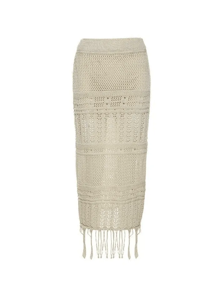 Joskaa Fringed Crochet Hollow Knit Long Skirt