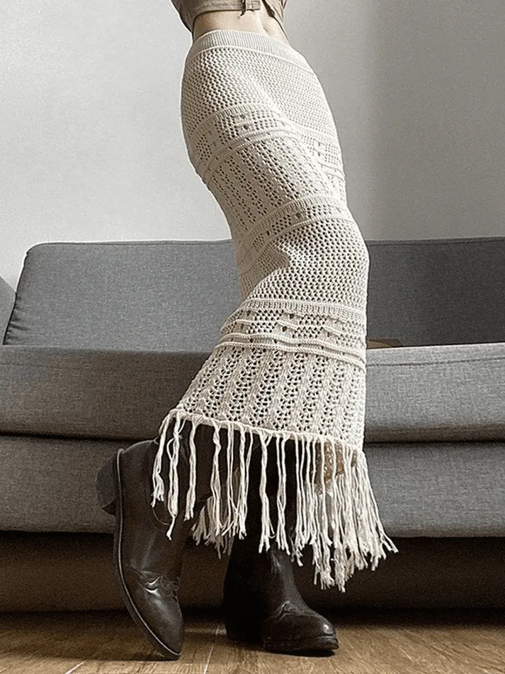 Joskaa Fringed Crochet Hollow Knit Long Skirt