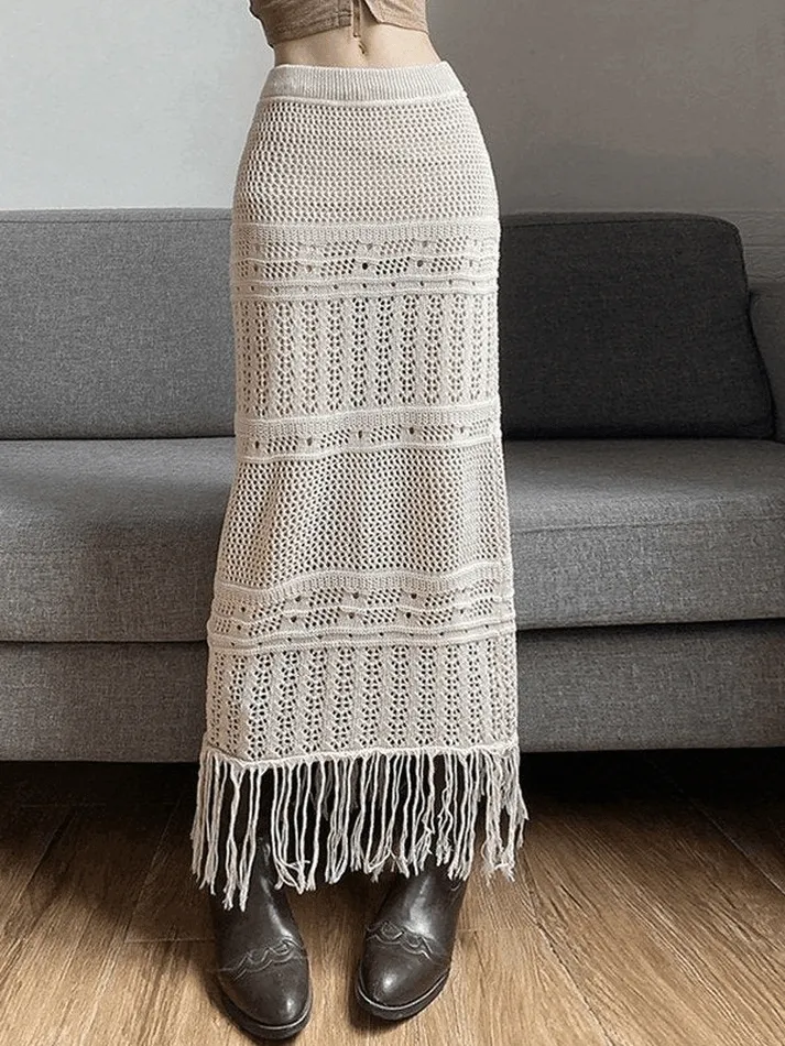 Joskaa Fringed Crochet Hollow Knit Long Skirt