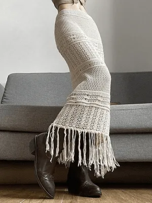 Joskaa Fringed Crochet Hollow Knit Long Skirt
