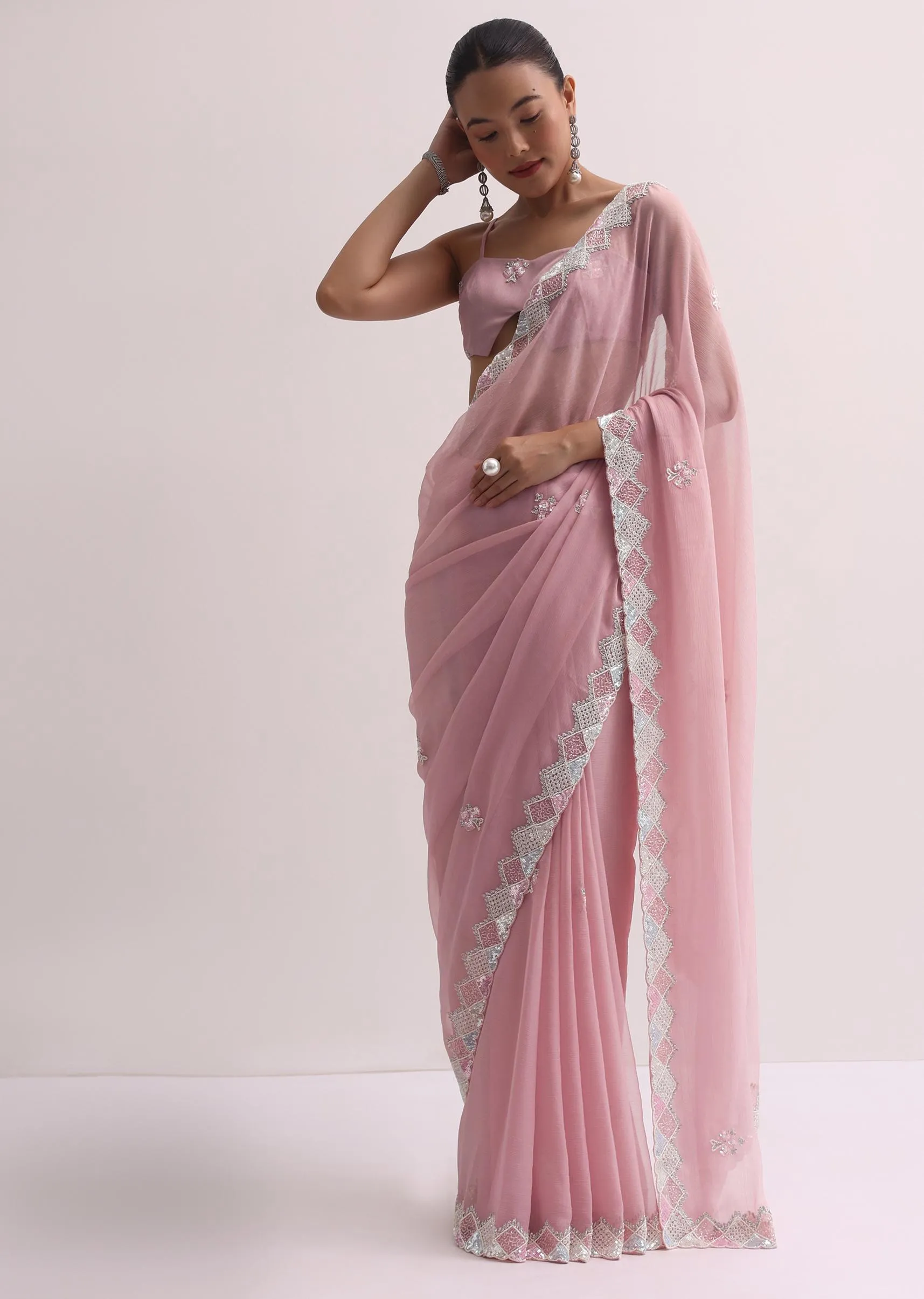 Light Pink Saree With Embroidered Border And Unstitched Blouse