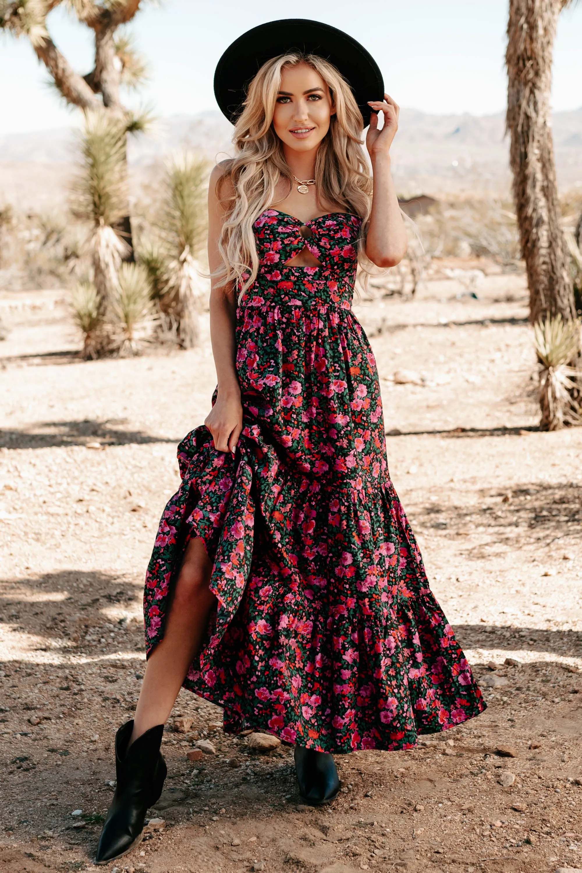 Like A Rose Floral Tiered Cut-Out Maxi Dress (Black)