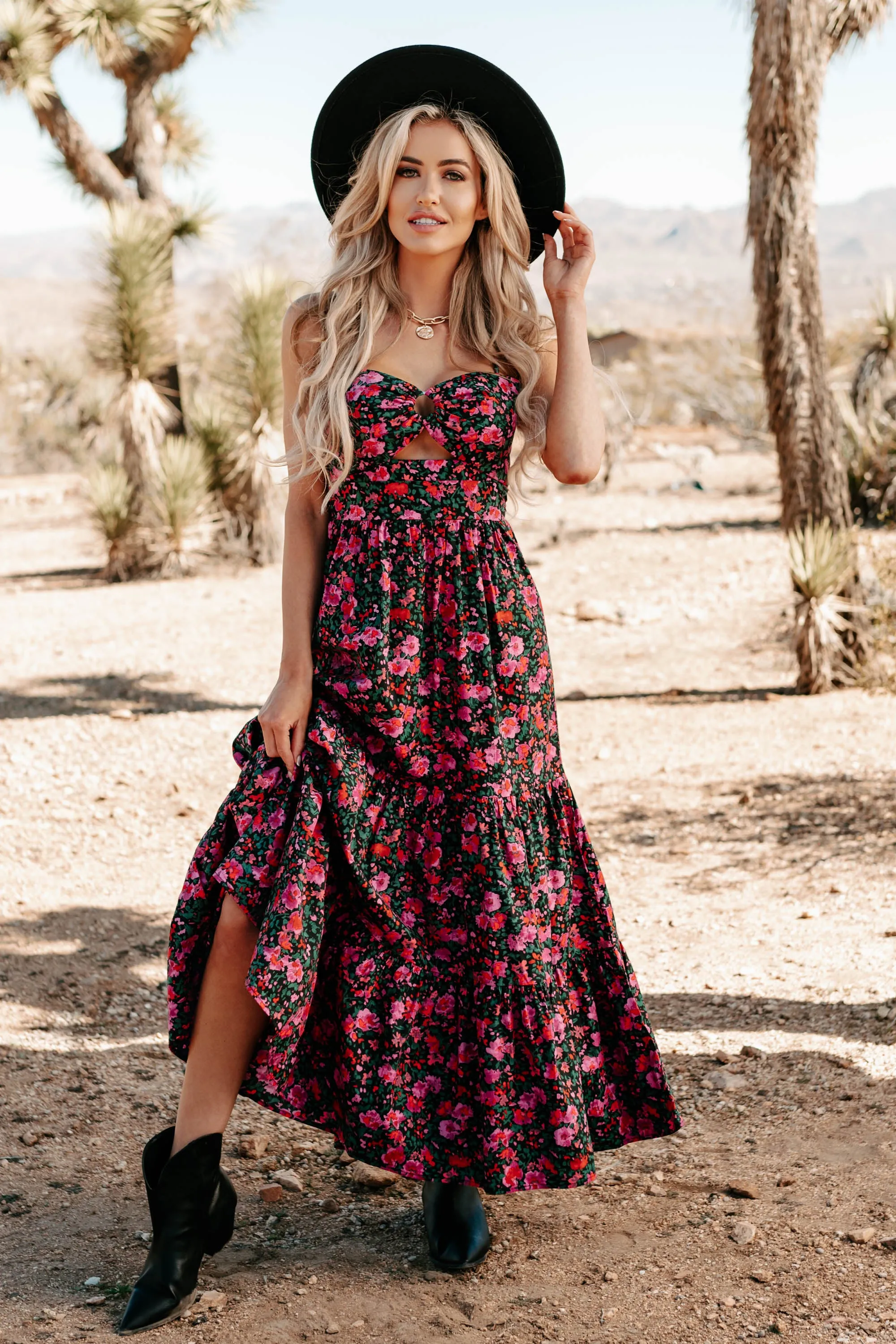 Like A Rose Floral Tiered Cut-Out Maxi Dress (Black)
