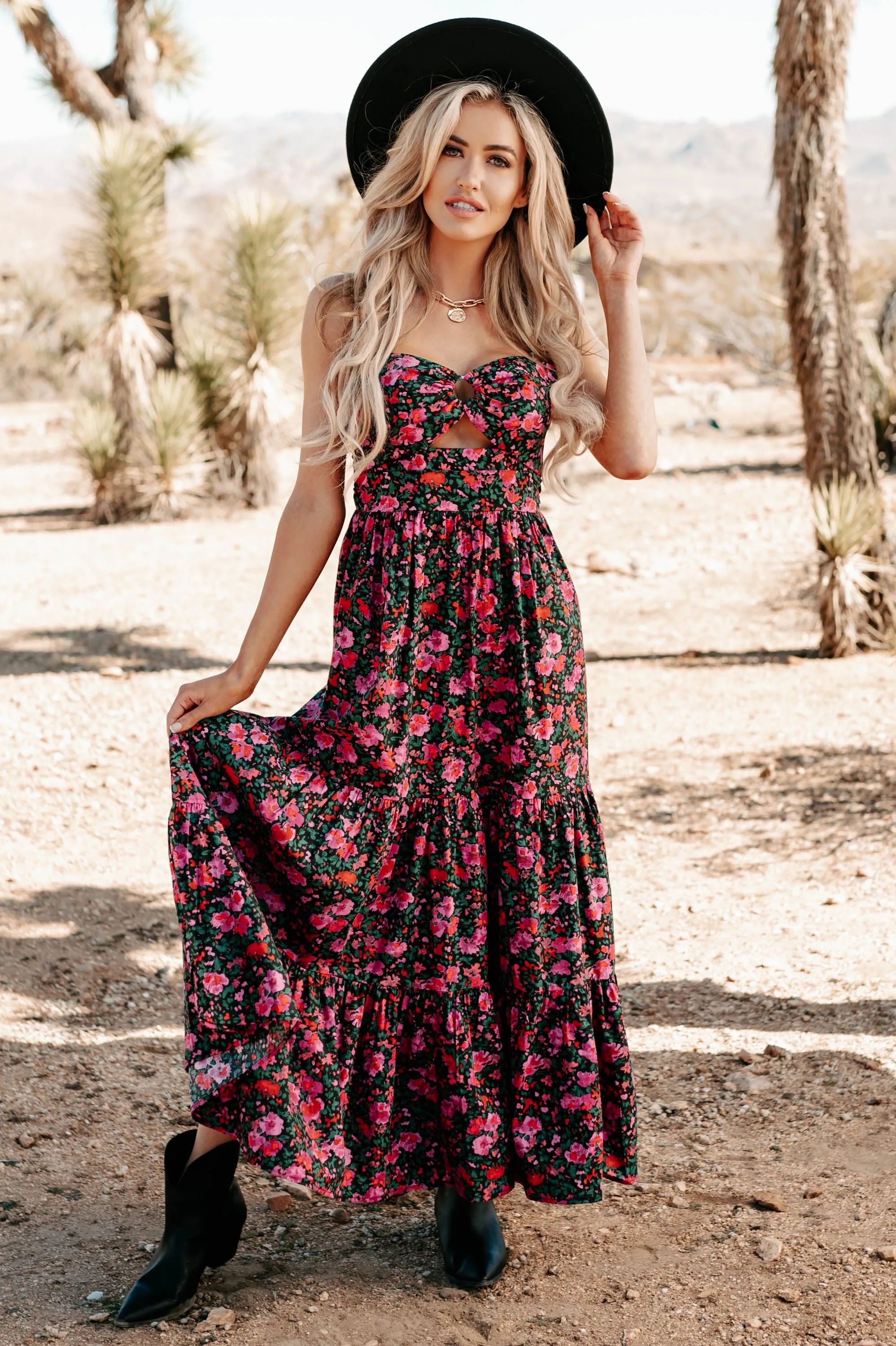 Like A Rose Floral Tiered Cut-Out Maxi Dress (Black)