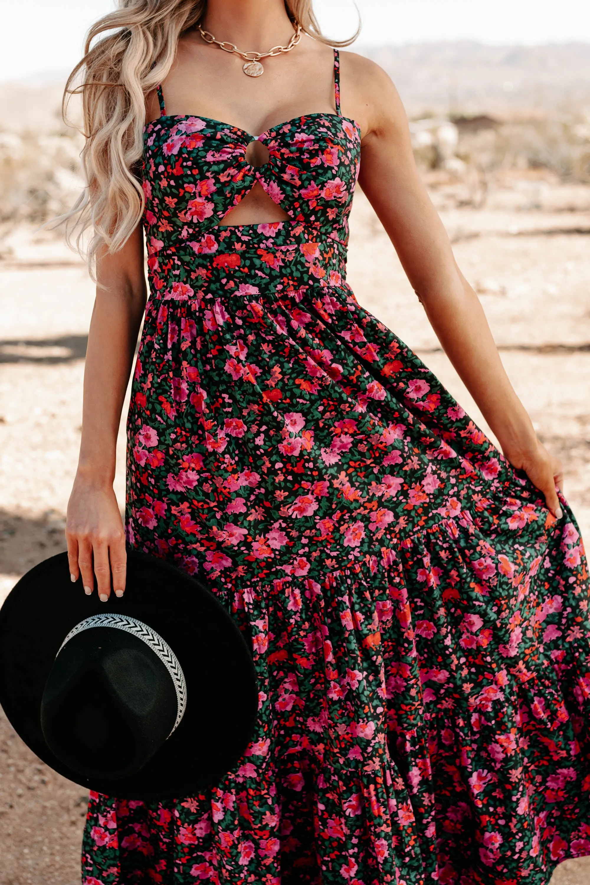 Like A Rose Floral Tiered Cut-Out Maxi Dress (Black)