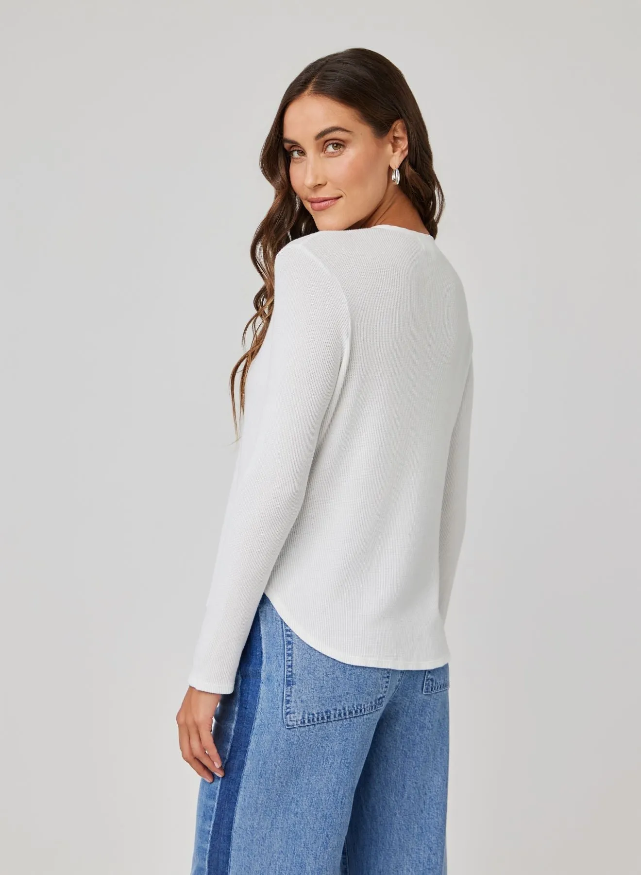 Long Sleeve Wide Placket Henley - White