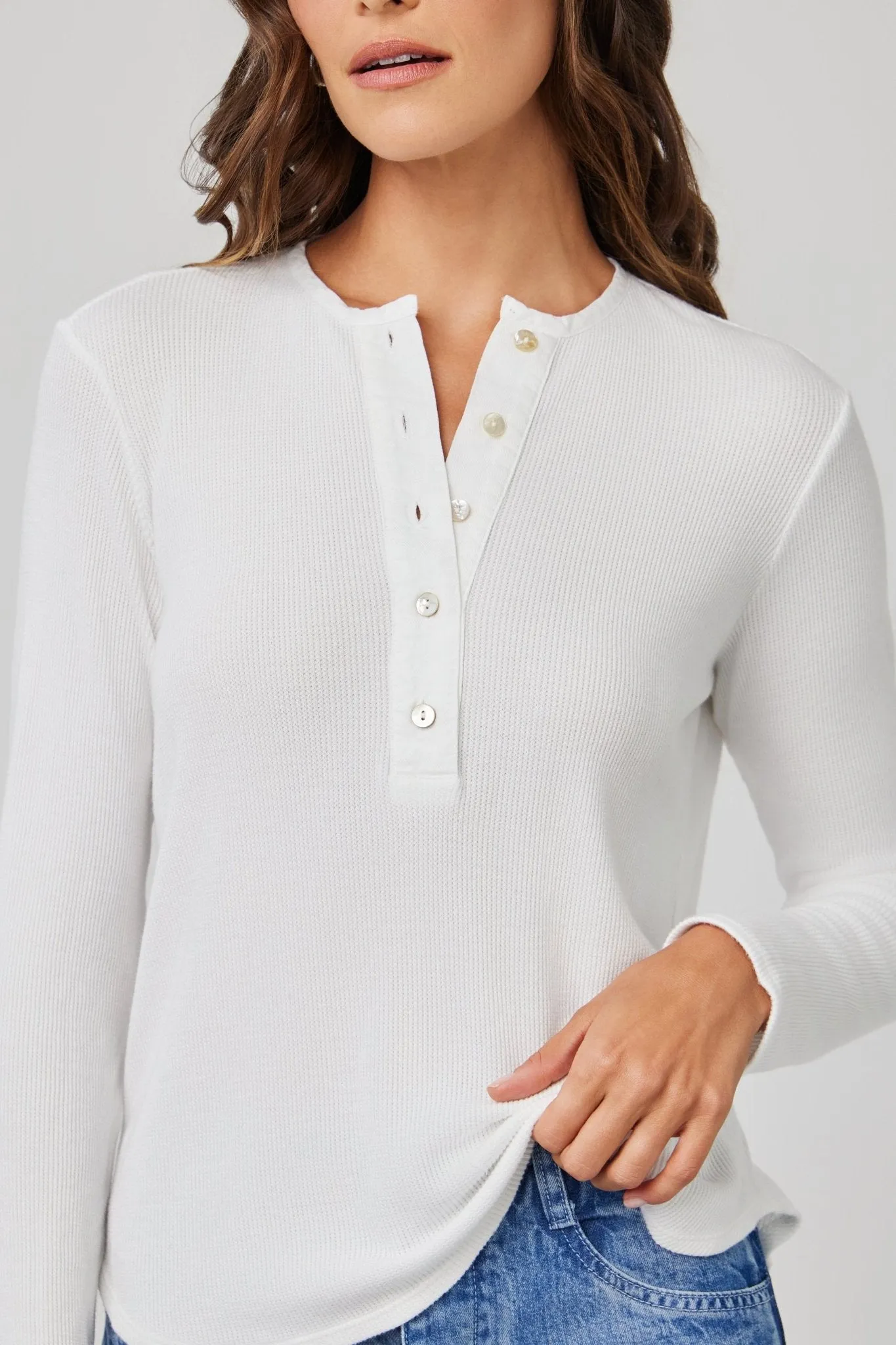 Long Sleeve Wide Placket Henley - White