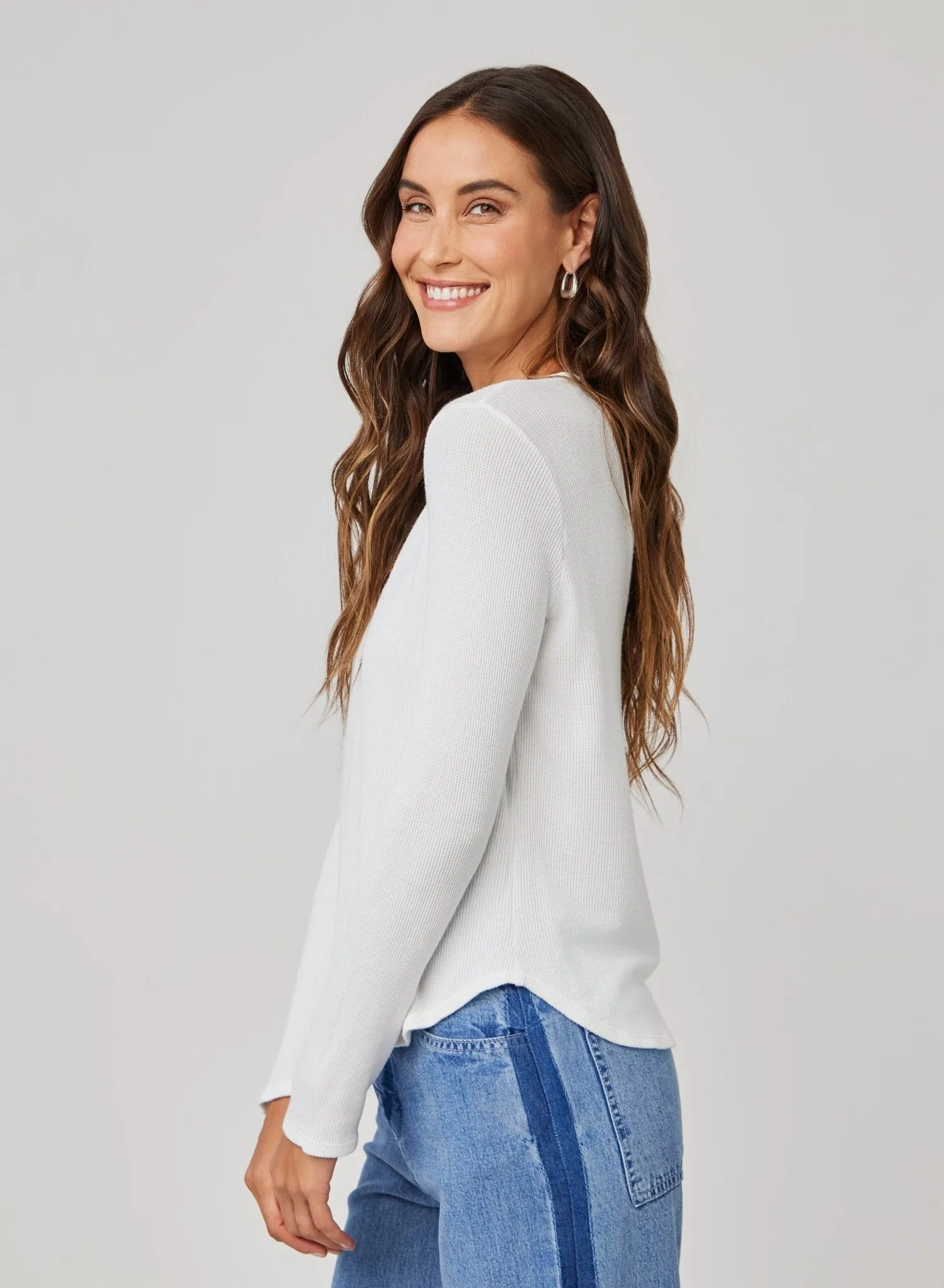 Long Sleeve Wide Placket Henley - White