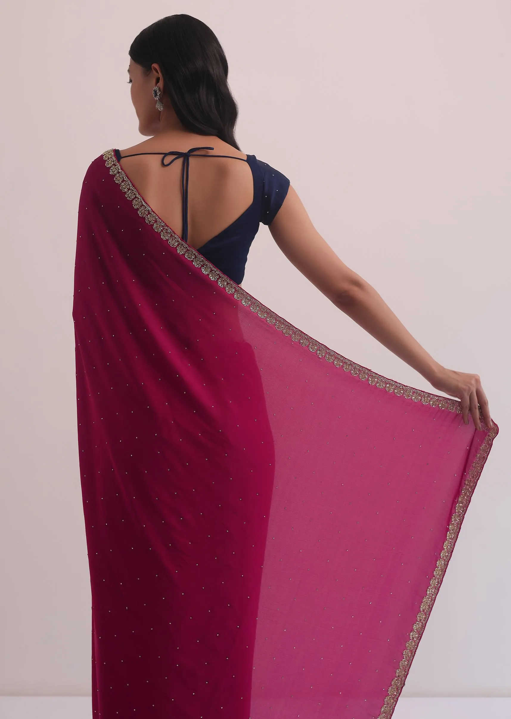 Magenta Satin Saree With Embellished Scallop Border
