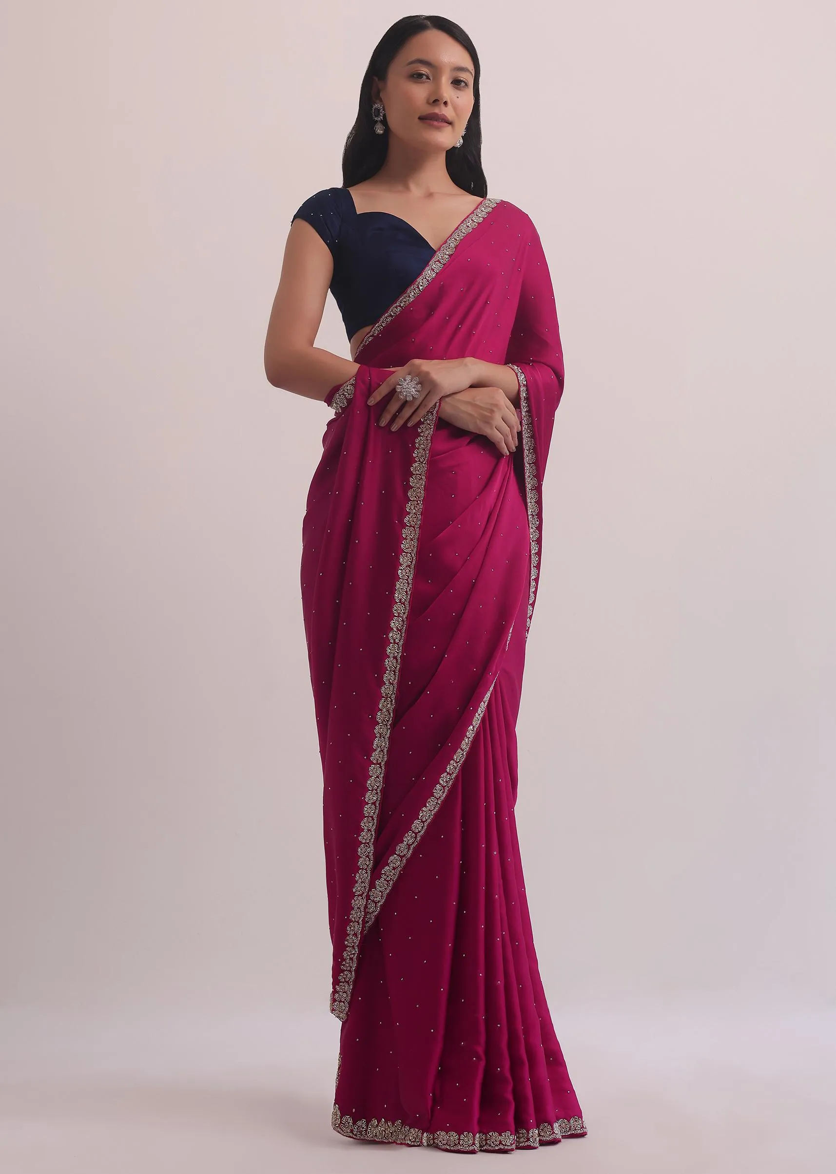 Magenta Satin Saree With Embellished Scallop Border