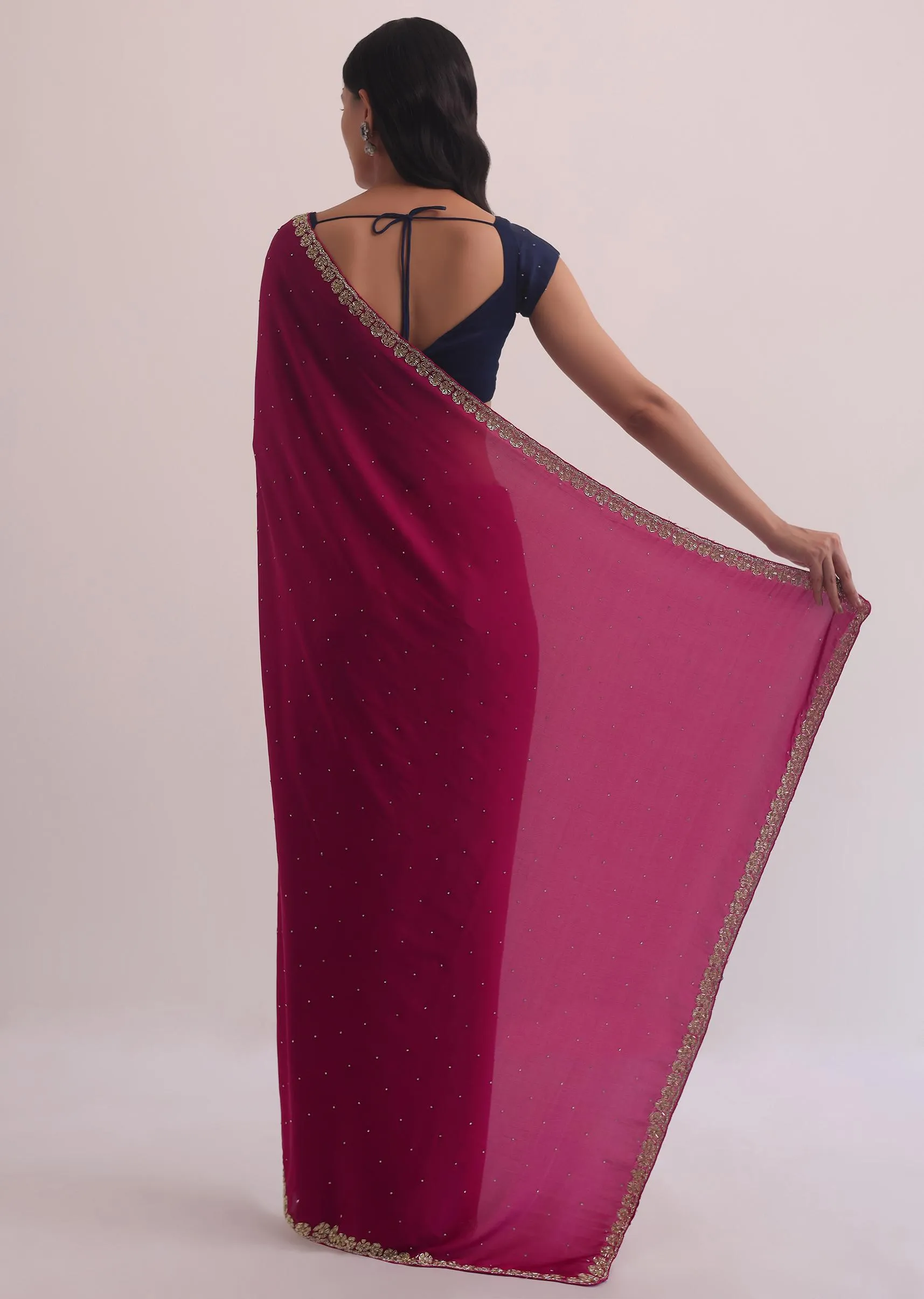 Magenta Satin Saree With Embellished Scallop Border