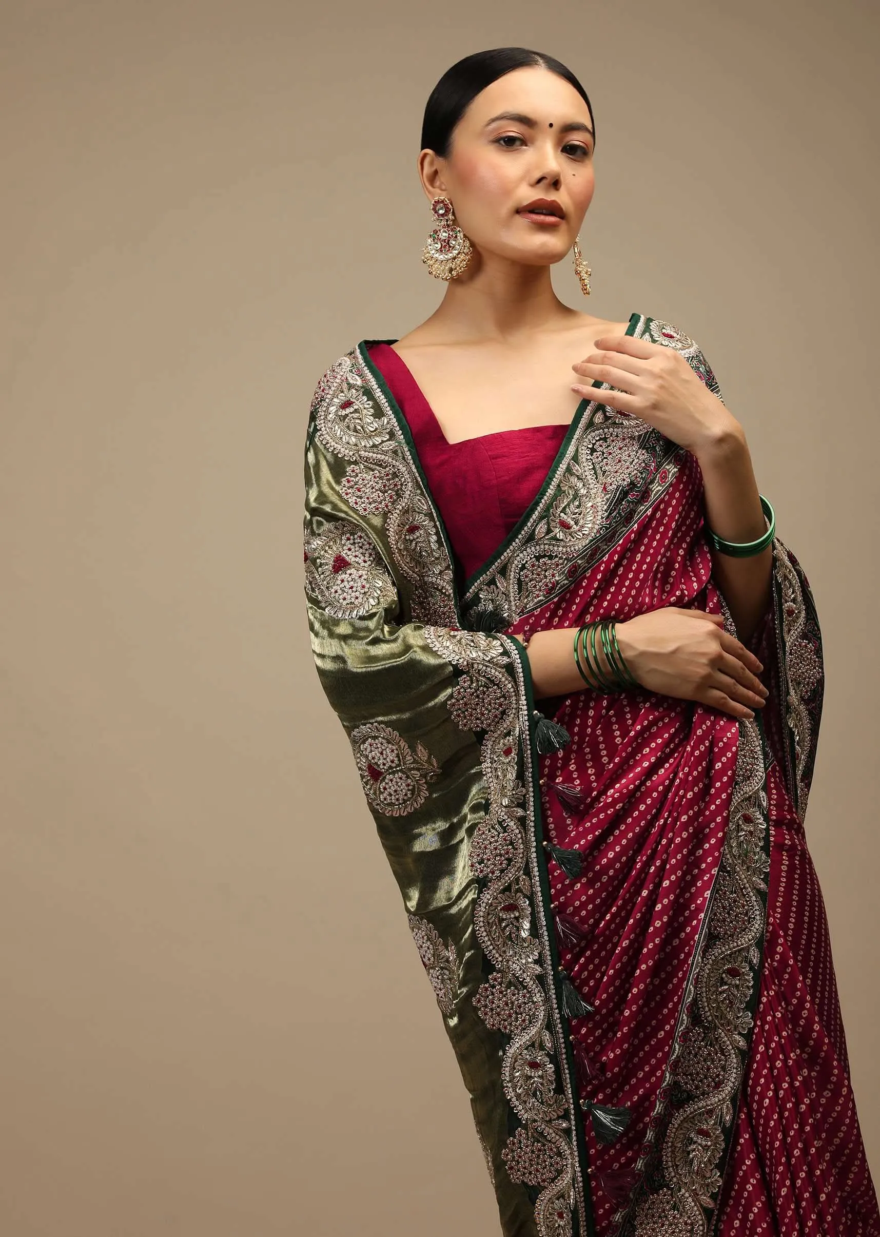 Maroon Saree In Satin With Bandhani All Over And Block Printed Brocade Pallu With Gotta Patti Embroidered Ethnic Motifs Online - Kalki Fashion